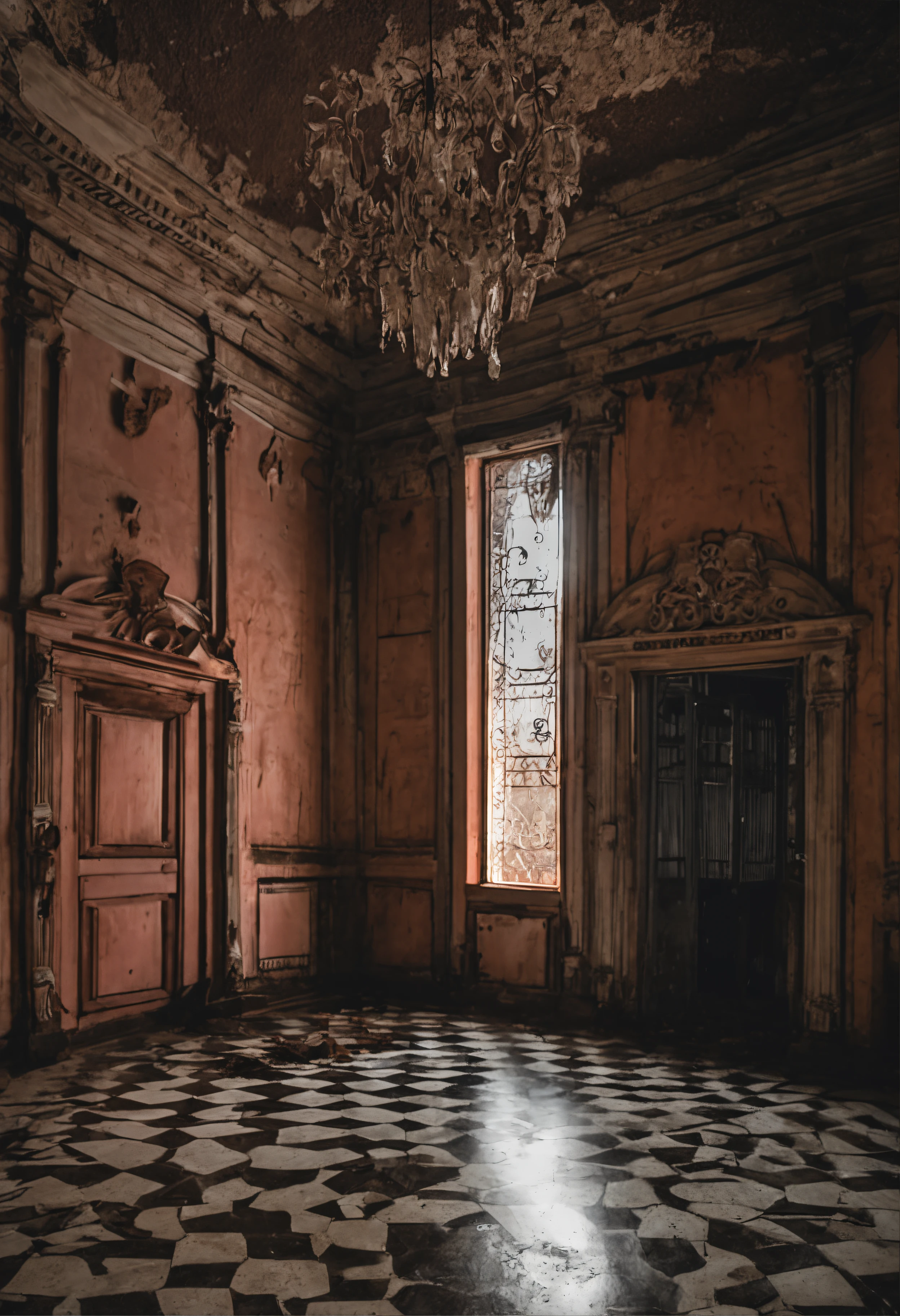 Uma noite escura,of the abandoned mansion full of secrets, corredor de entra escura e misteriosa, relaxar, arquitetura de interiores, gothic art, Verismo, Ponto de vista de uma pessoa, De fora, canon, Super Detalhe, alta qualidade, alta resolução, 8k, best quality
