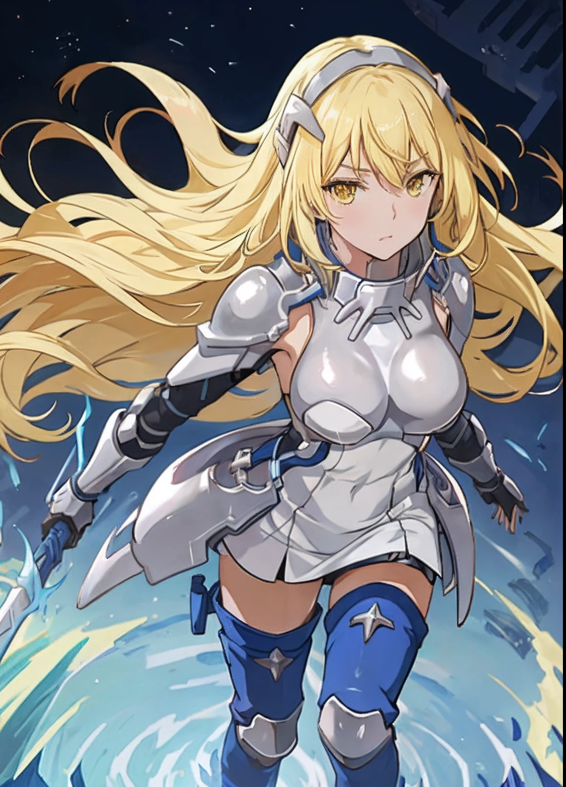 ais, 1girl, solo, blonde hair, armor, long hair, straight hair, thighhighs, boots, dress, yellow eyes, thigh boots, blue long boots, blue footwear, covered navel, breastplate, shoulder armor, gloves, white dress outdoor, sunny, standing