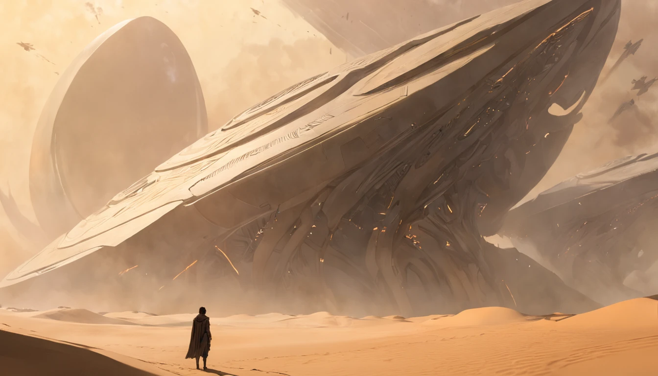 Dune concept art，Clean and neat tones，Sci-fi base scene，Huge scene，Square-shaped complex，American aesthetic architecture，huge buildings，There are many ships flying in the air， Size contrast， crowd of Soldiers versus soldiers，Big scenes of war，smog，epic concept art，Fine 8K，vray，Wasteland Science Fiction