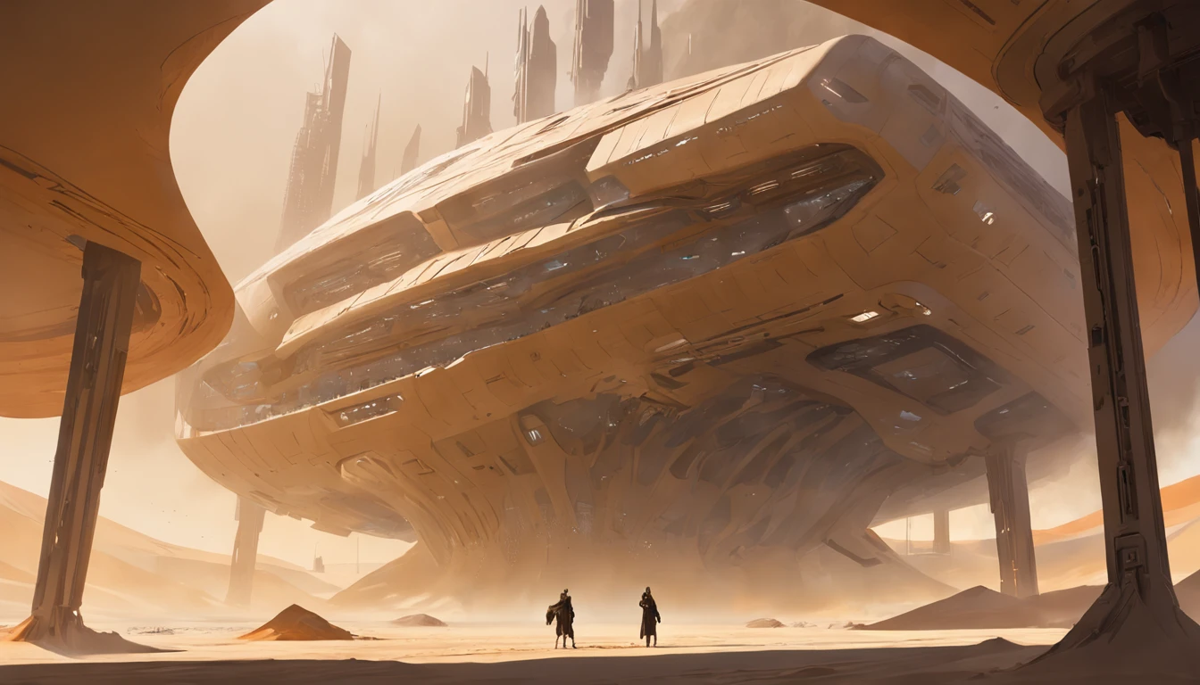 Dune concept art，Clean and neat tones，Sci-fi base scene，Huge scene，Square-shaped complex，American aesthetic architecture，huge buildings，There are many ships flying in the air， Size contrast， crowd of Soldiers versus soldiers，Big scenes of war，smog，epic concept art，Fine 8K，vray，Wasteland Science Fiction