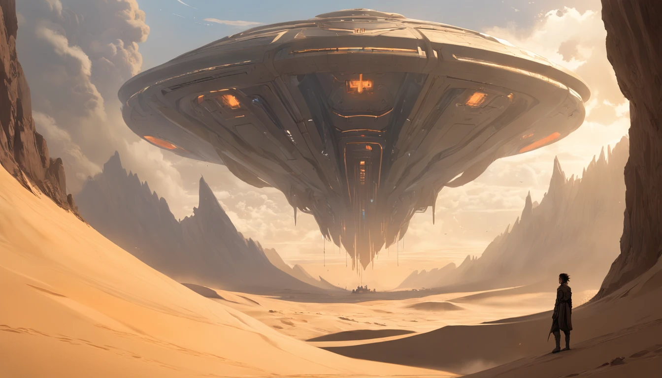 Dune concept art,Clean and neat tones,Sci-fi base scene,Huge scene,Square-shaped complex,American aesthetic architecture,huge buildings,There are many ships flying in the air, Size contrast, crowd of Soldiers versus soldiers,Big scenes of war,smog,epic concept art,Fine 8K,vray,Wasteland Science Fiction