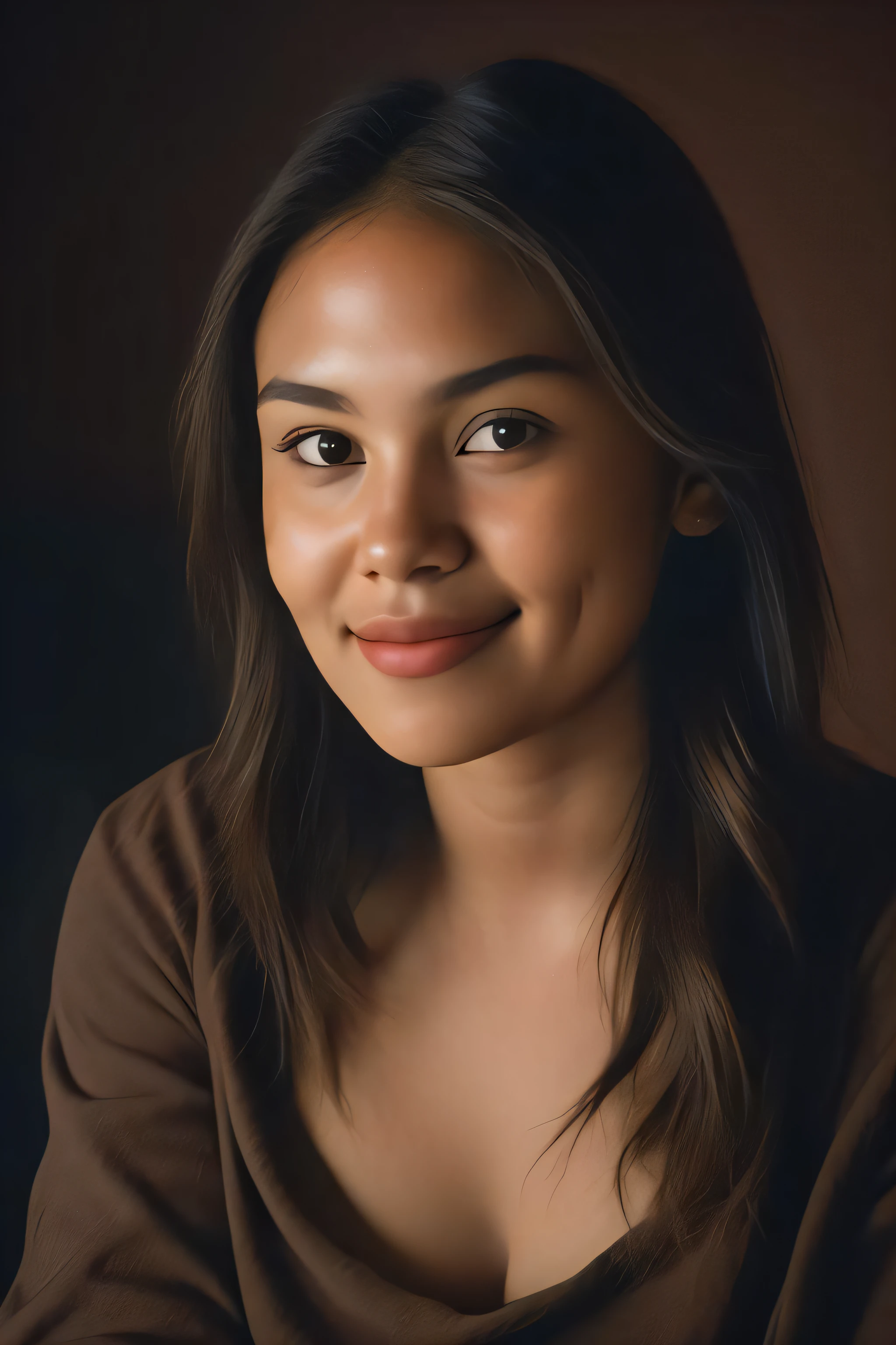 (close-up, editorial photograph of a 21 year old woman), (highly detailed face:1.4) (smile:0.7) (background inside dark, moody, private study:1.3) POV, by lee jeffries, nikon d850, film stock photograph ,4 kodak portra 400 ,camera f1.6 lens ,rich colors ,hyper realistic ,lifelike texture, dramatic lighting , cinestill 800, ((simple brown background))