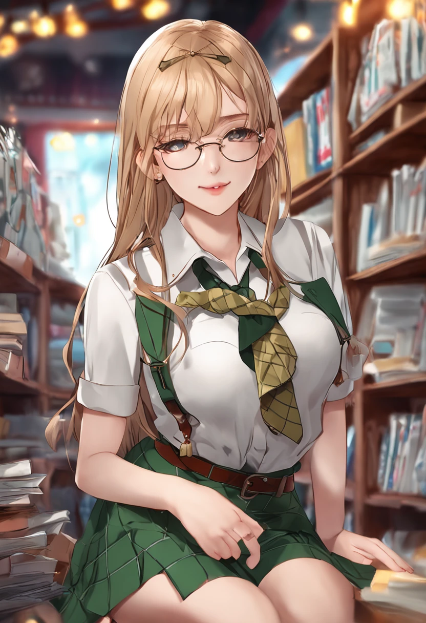 Cute girl figure、Realistic Young Gravure Idol Figure、pretty face with arms and legs、Norse goddesses、photo of slim girl model、European Girl、Golden hair、long、eye glass、student uniform, green uniform、White blouse、plaid skirts、、pretty face with arms and legs、Norse goddesses、a sexy girl、photo of slim girl model、European Girl、Photorealistic perfect body、low angles、Selfie style