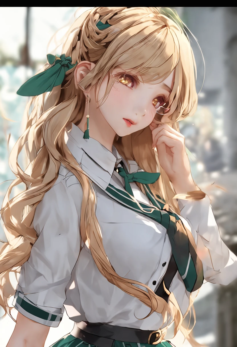 Cute girl figure、Realistic Young Gravure Idol Figure、pretty face with arms and legs、Norse goddesses、photo of slim girl model、European Girl、Golden hair、long、eye glass、student uniform, green uniform、White blouse、plaid skirts、、pretty face with arms and legs、Norse goddesses、a sexy girl、photo of slim girl model、European Girl、Photorealistic perfect body、low angles、Selfie style