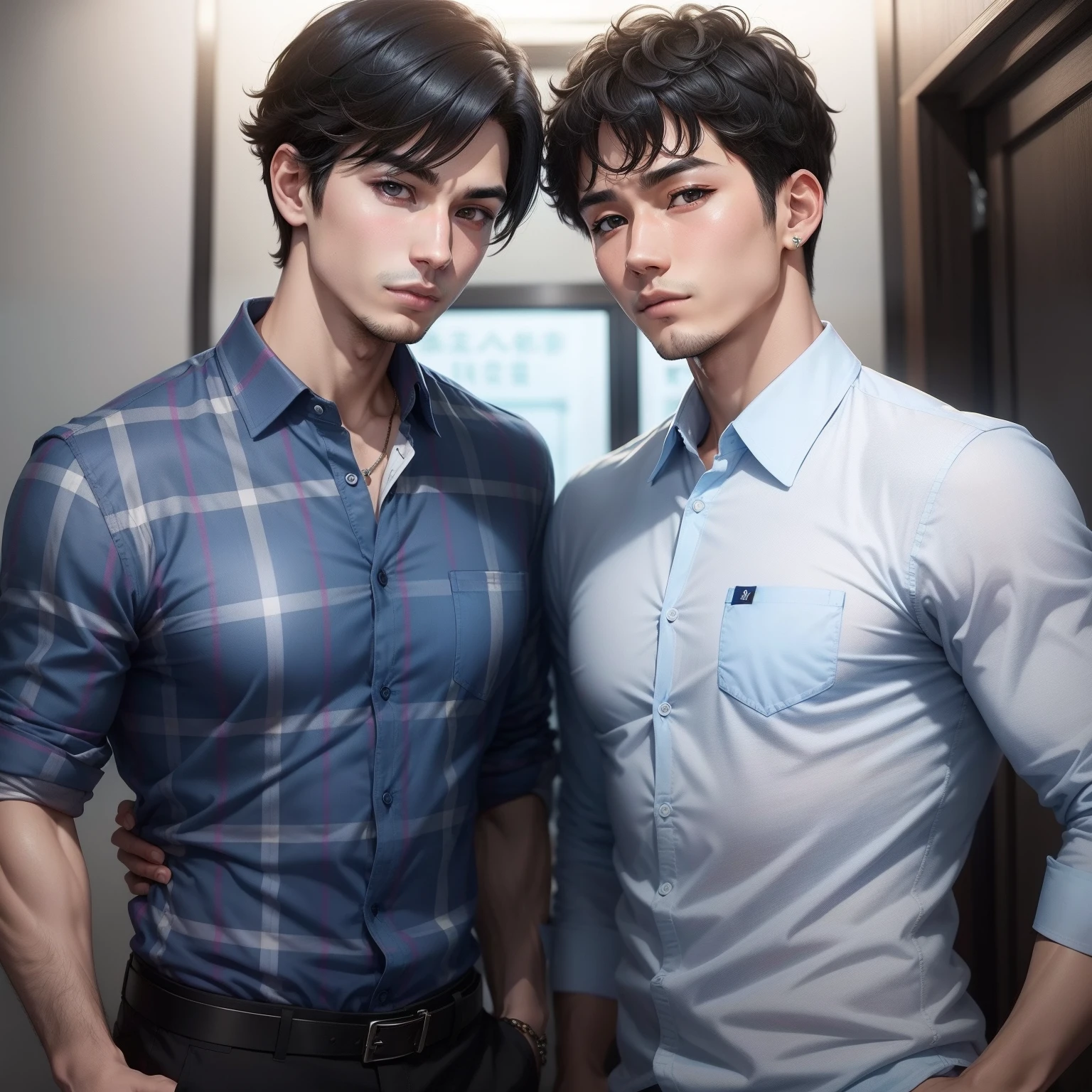 Two men hugging each other in front of a wall、The shirt、A dark-haired、Pedras preciosas、耳Nipple Ring、Yaoi、Blue shirt、white  shirt、Plaid shirt、short-hair、symple background、The upper part of the body、open open mouth