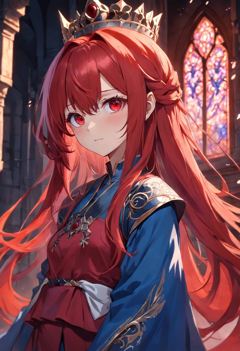red color eyes,Red long-haired,magia,Castle fantasy,blue clothes, Ultra photo realsisim, Castle,hair adornments