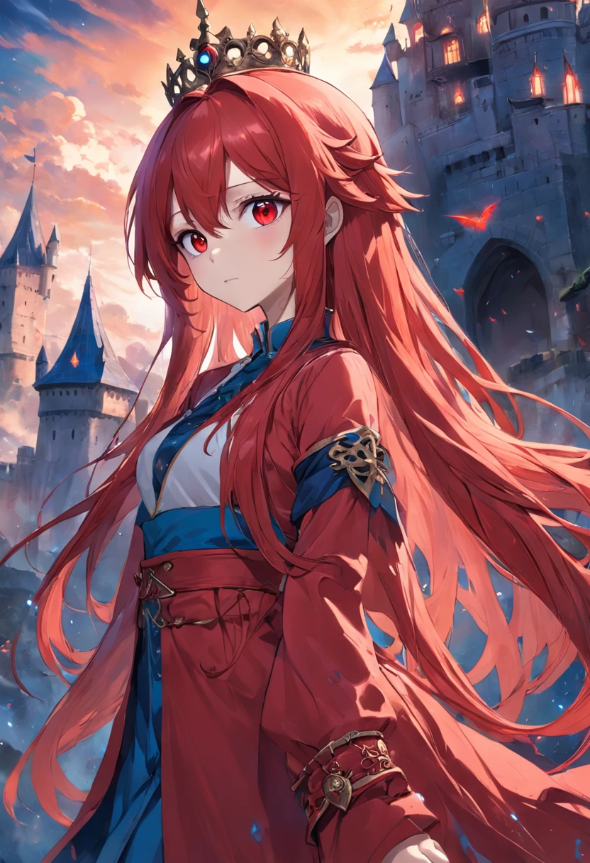 red color eyes,Red long-haired,magia,Castle fantasy,blue clothes, Ultra photo realsisim, Castle,hair adornments