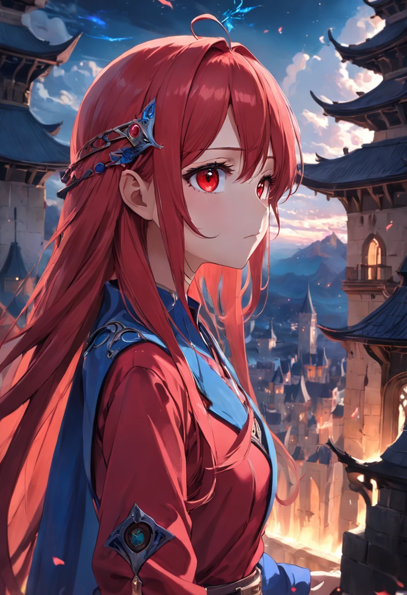 red color eyes，Red long-haired，magia，Castle fantasy，blue clothes, Ultra photo realsisim, Castle，hair adornments