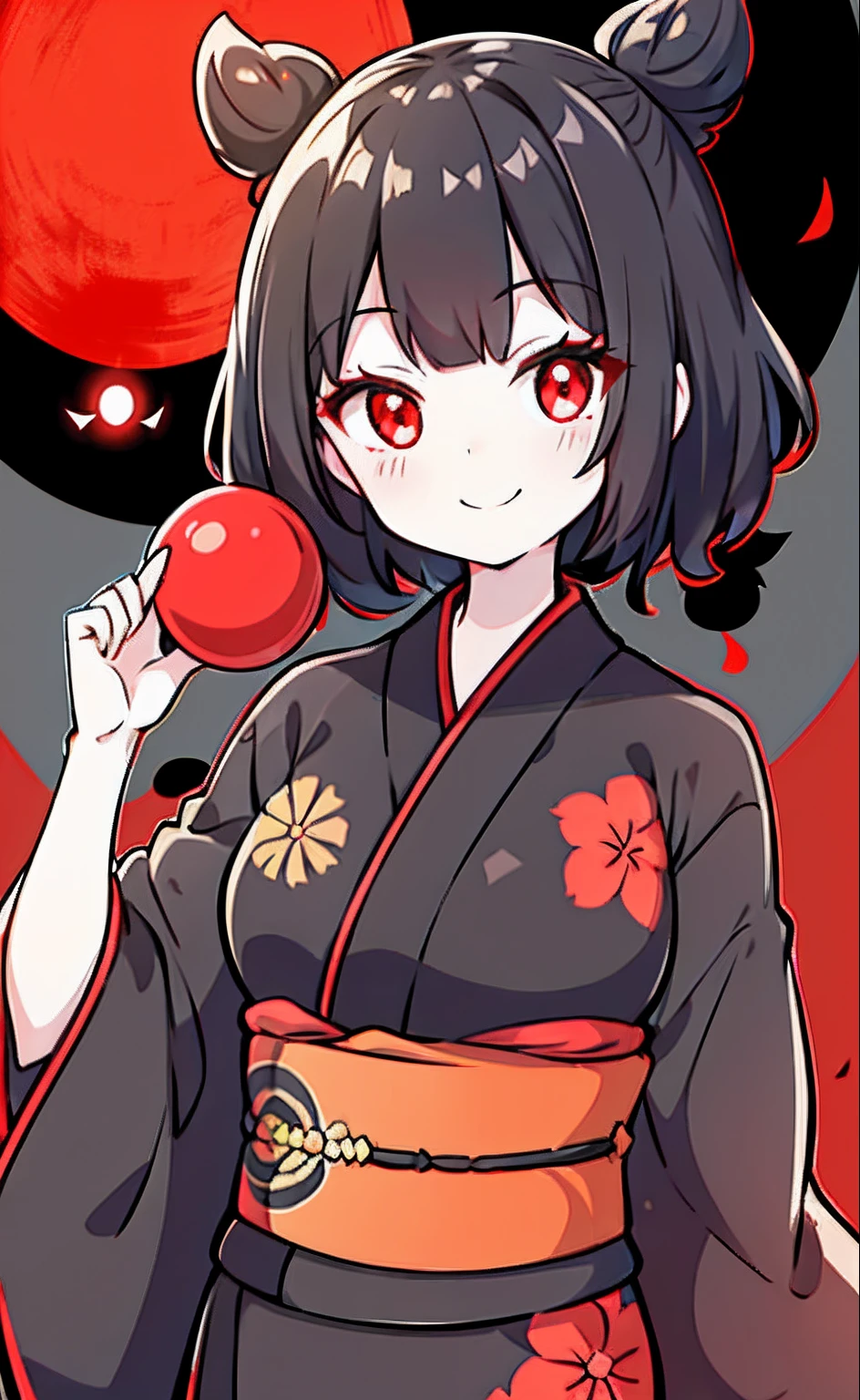 Black hair, red eyes, kizi, female, yukata, smiling