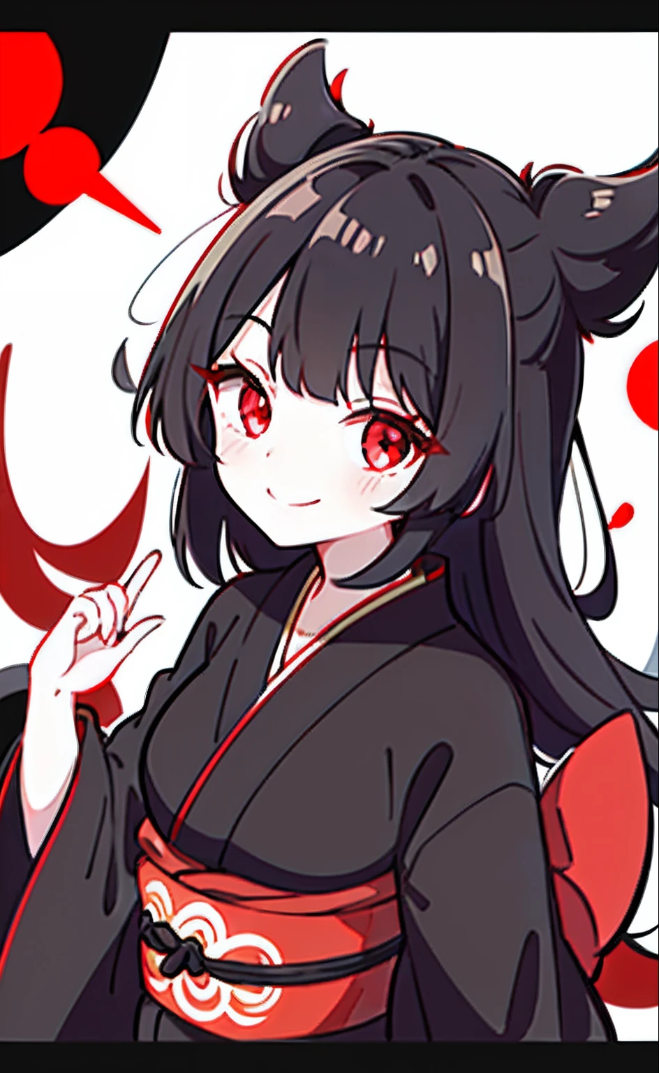 Black hair, red eyes, kizi, female, yukata, smiling