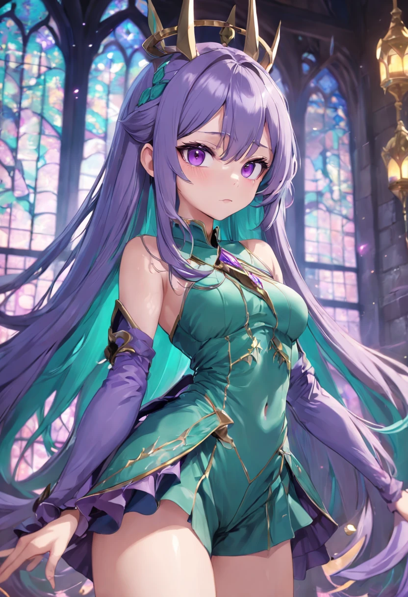 Purple eye,Long cyan hair,magia,Castle fantasy,Green clothes,Good-looking legs, Ultra photo realsisim, Castle,hair adornments