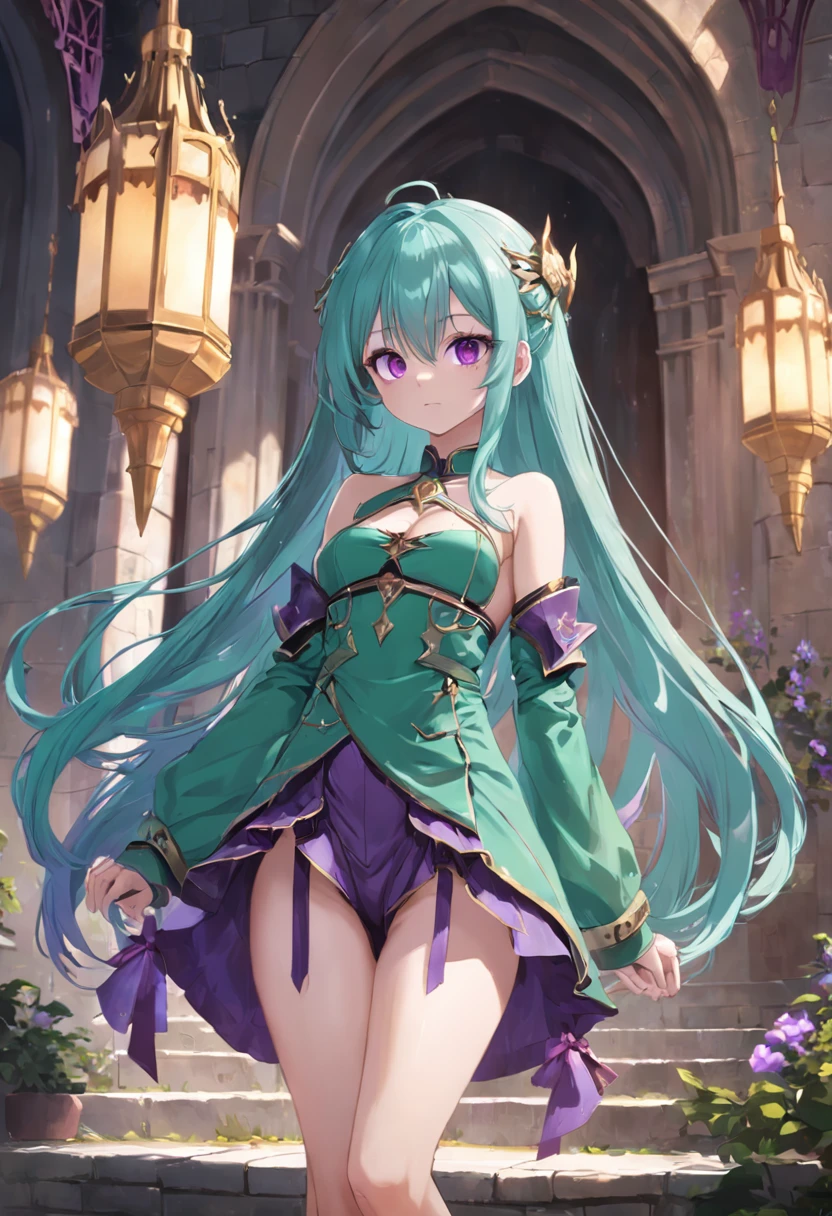 Purple eye，Long cyan hair，magia，Castle fantasy，Green clothes，Good-looking legs, Ultra photo realsisim, Castle，hair adornments