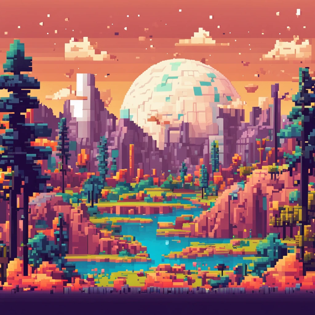 pixel art, flat design, Ultra high details. Landscape universe