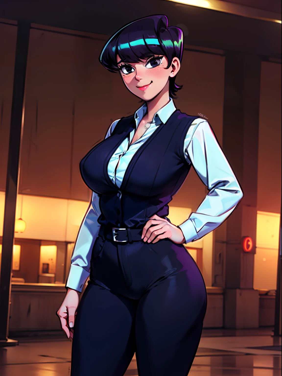 ((((kipteitei art)))), ((highres)),Masterpiece, high quality, best quality, beautiful, perfect lighting, detailed face, ultra cute face, ((1girl)), ((solo), ((((pixel-Komi-Shuuko)))), ((blue hairband)), (dress shirt), (black vest), (black pants), belt, work uniform, (tight clothes), looking at viewer, cowboy shot, sweet smile, cute, cute pose, arms at side, blush, large breasts, perky breasts, (wide hips), (thick thighs), working at movie theater, empty movie theater, movie theater lobby, night time, late shift