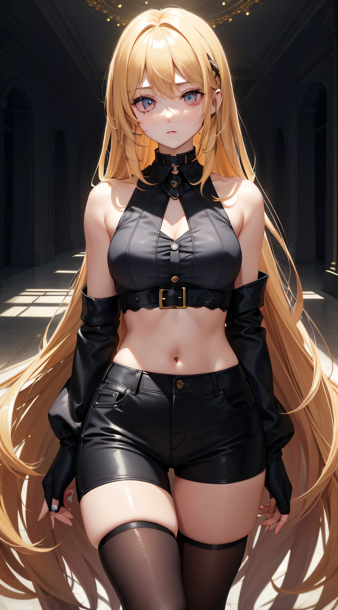 (Masterpiece, Top quality, Best quality, offcial art, Beautiful and aesthetic:1.2), (1girll:1.3), Mona, dystopian, Crazy nothingness, Multiple eyes, Horror \(Theme\), Glowing eyes, monsters in the background, Original, extremelydetailedwallpaper, Low angle, wide - angle shot, view the viewer, Bare shoulders,, midriff, Black mini shorts, Summer, stiff, Golden hair, Shiny hair,Cover chest