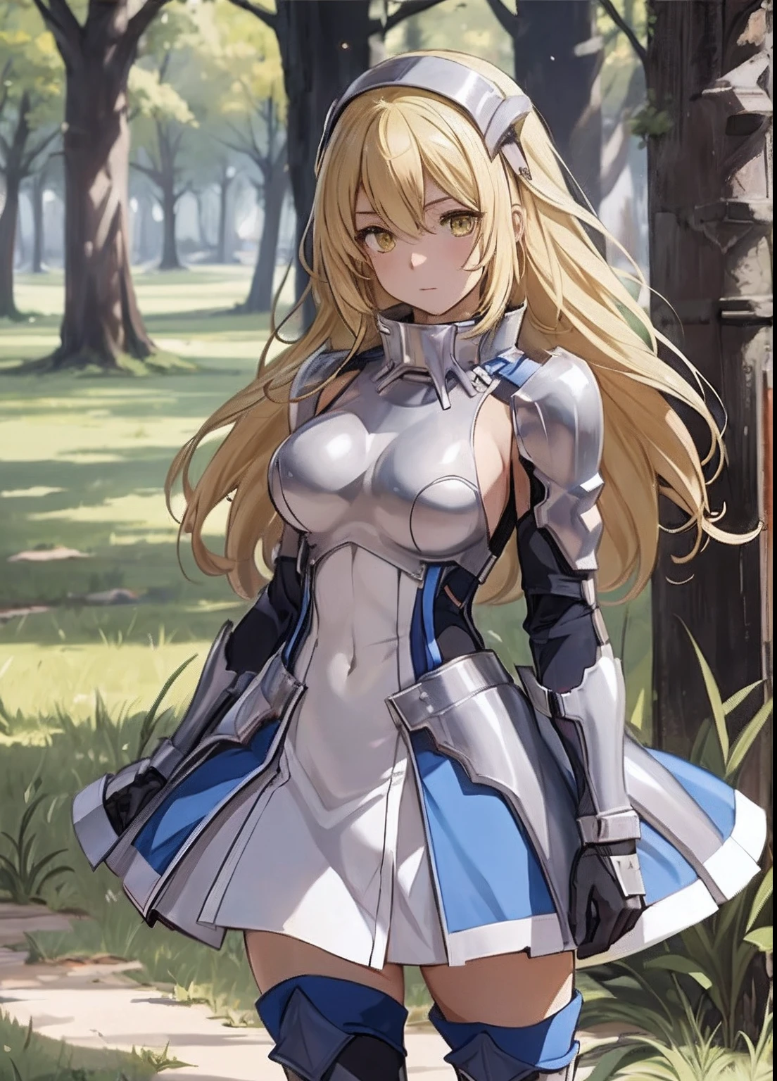 ais, 1girl, solo, blonde hair, armor, long hair, straight hair, thighhighs, boots, dress, yellow eyes, thigh boots, blue long boots, blue footwear, covered navel, breastplate, shoulder armor, gloves, white dress outdoor, sunny, standing