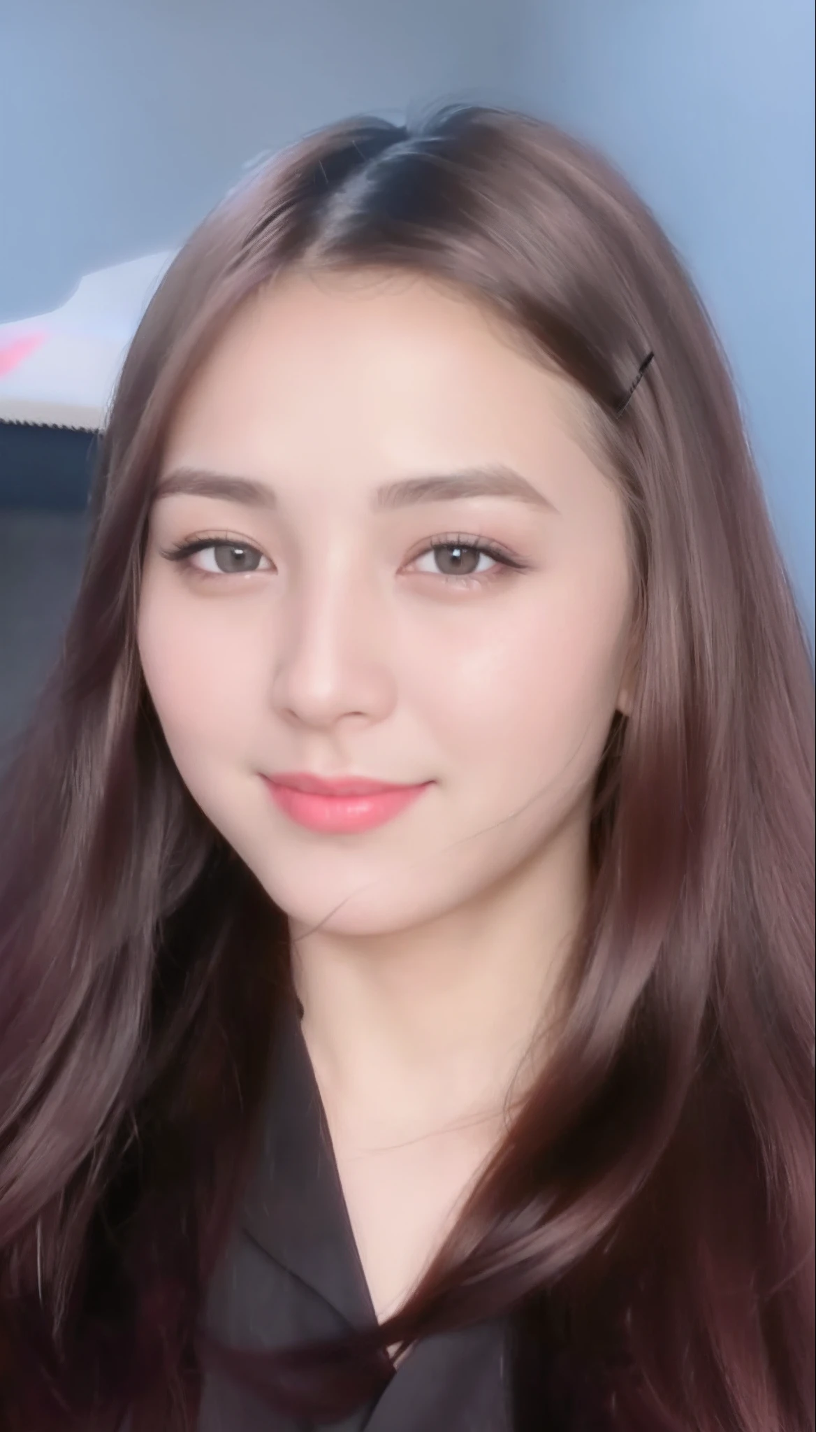 a close up of a woman with long hair wearing a black shirt, beautiful face, very beautiful, 8K, 32K, ultra detail, extremely quality, best quality, cute nose, realistic, look ahead above, beautiful eye, eye detailed, closed smile lips, bitchy face, pink lips, beautiful smile, slightly visible teeth