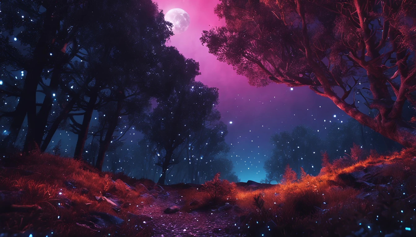 "A night in the forest full of stars, Realistic representation, Wide Sky,