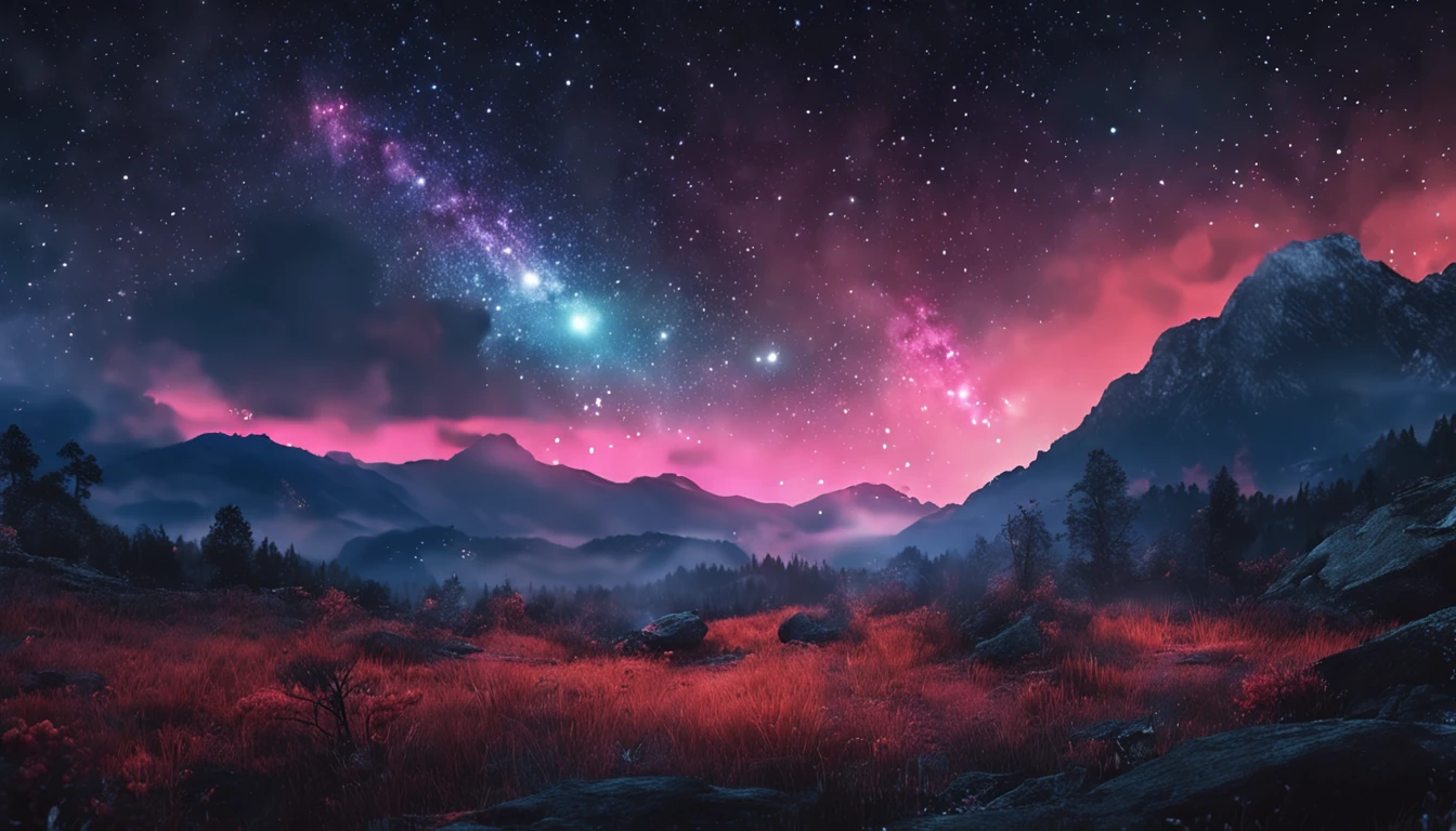 "A night in the forest full of stars, Realistic representation, Wide Sky,