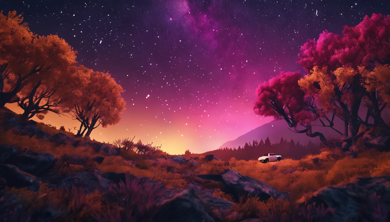 "A night in the forest full of stars, Realistic representation, Wide Sky,