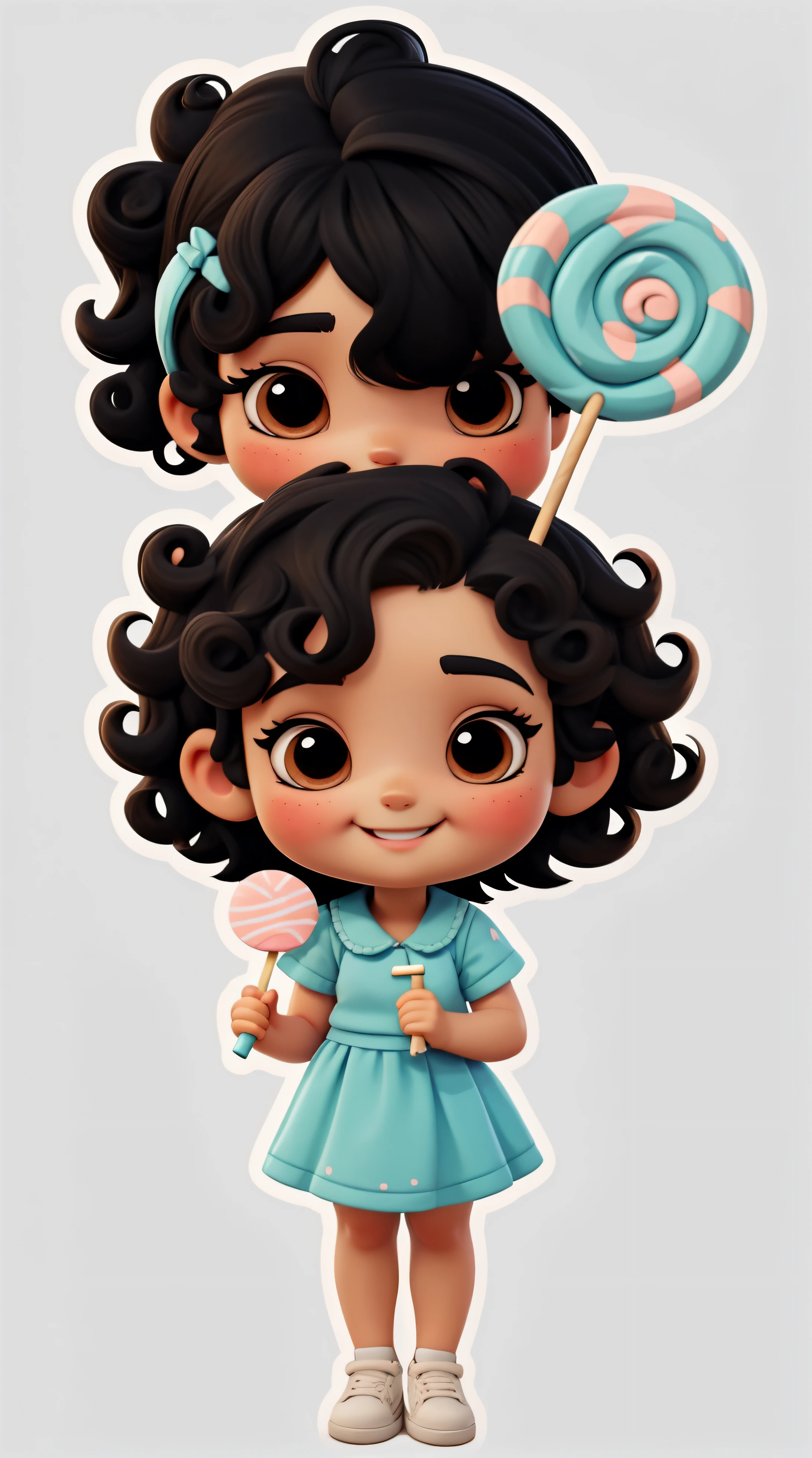 a , (((chibi style))) named Laura, she has (((short curly hair))), (((black hair))), (((brown eyes))) is wearing a blue dress , wearing white sneakers, she is smiling, she is standing, full body, with her hand on her waist and ((holding a lollipop)), with her scenery on a plain white background, add details of light and a lot of quality, her hands stay perfect with lots of details