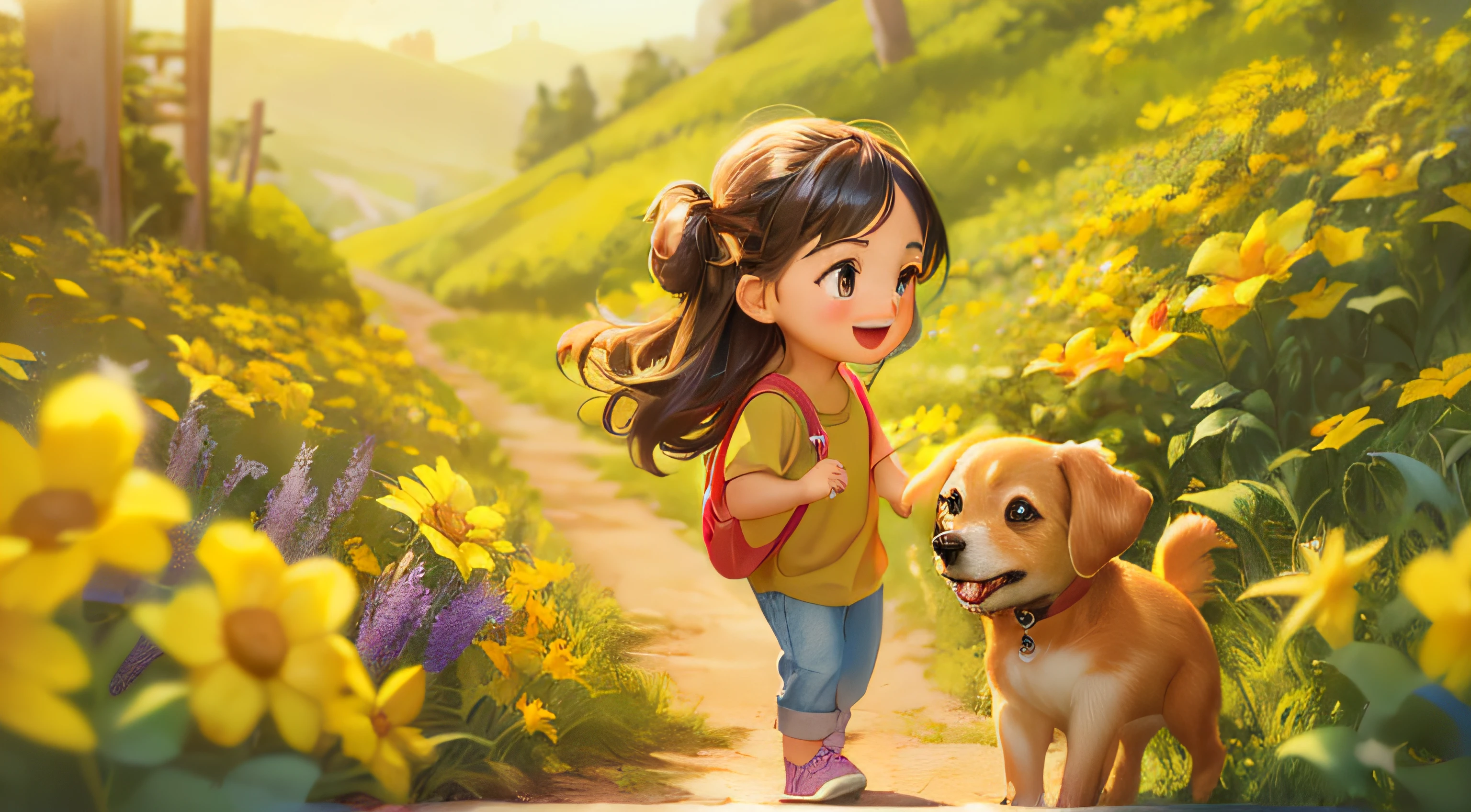 A closeup of an excited child and a dog on a path, painting digital adorable, bela arte digital, arte digital detalhada bonito, arte detalhada bonito, arte fofa, personagem bonito dos desenhos animados, bonito 3 d render, desenho animado bonito, Arte infantil em Artstation, Atey Ghailan 8 K, Belo estilo de arte, bela arte digital, Beautiful digital illustration, arte de pintura digital dos desenhos animados