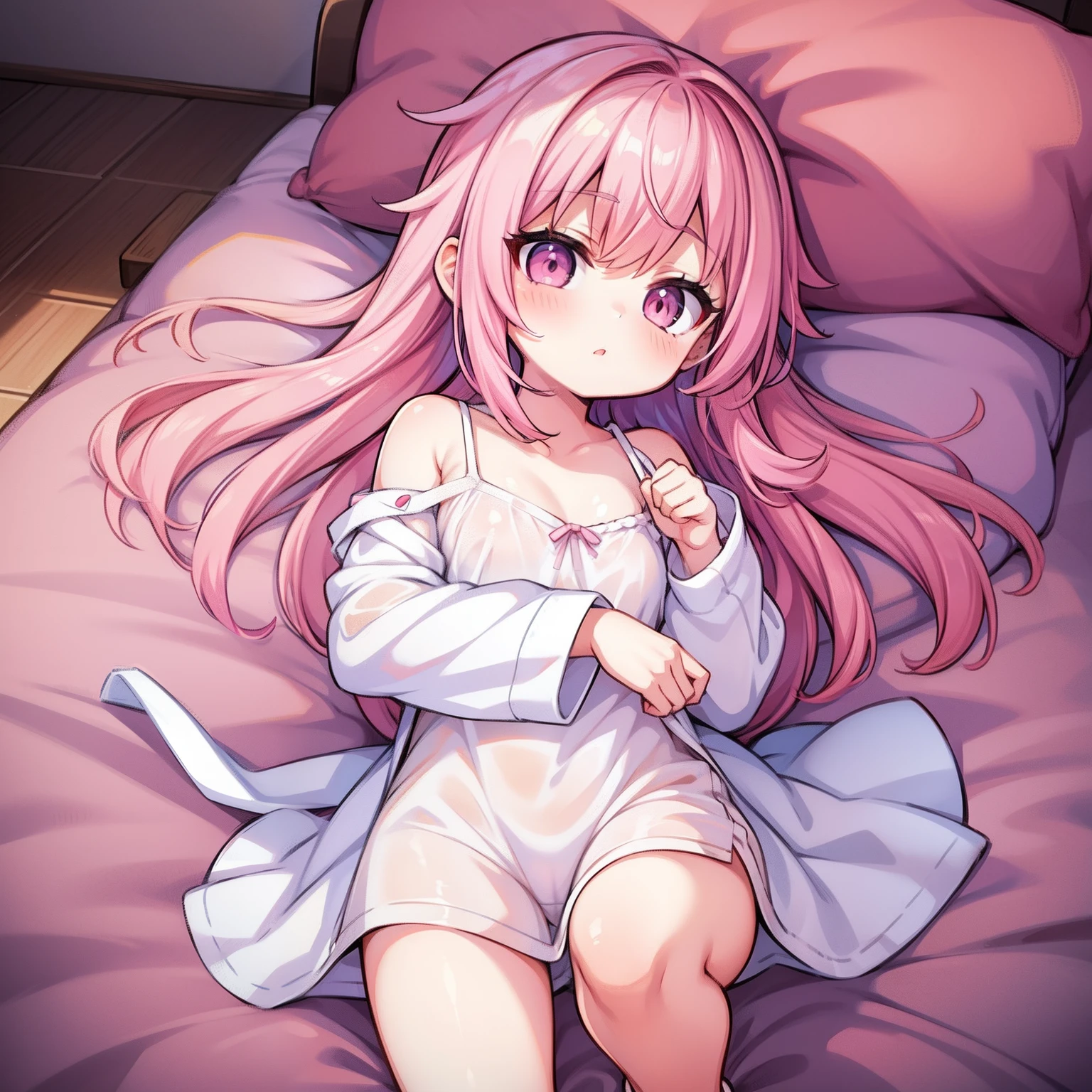 anime girl pink hair, white sleepwear pink eyes adult