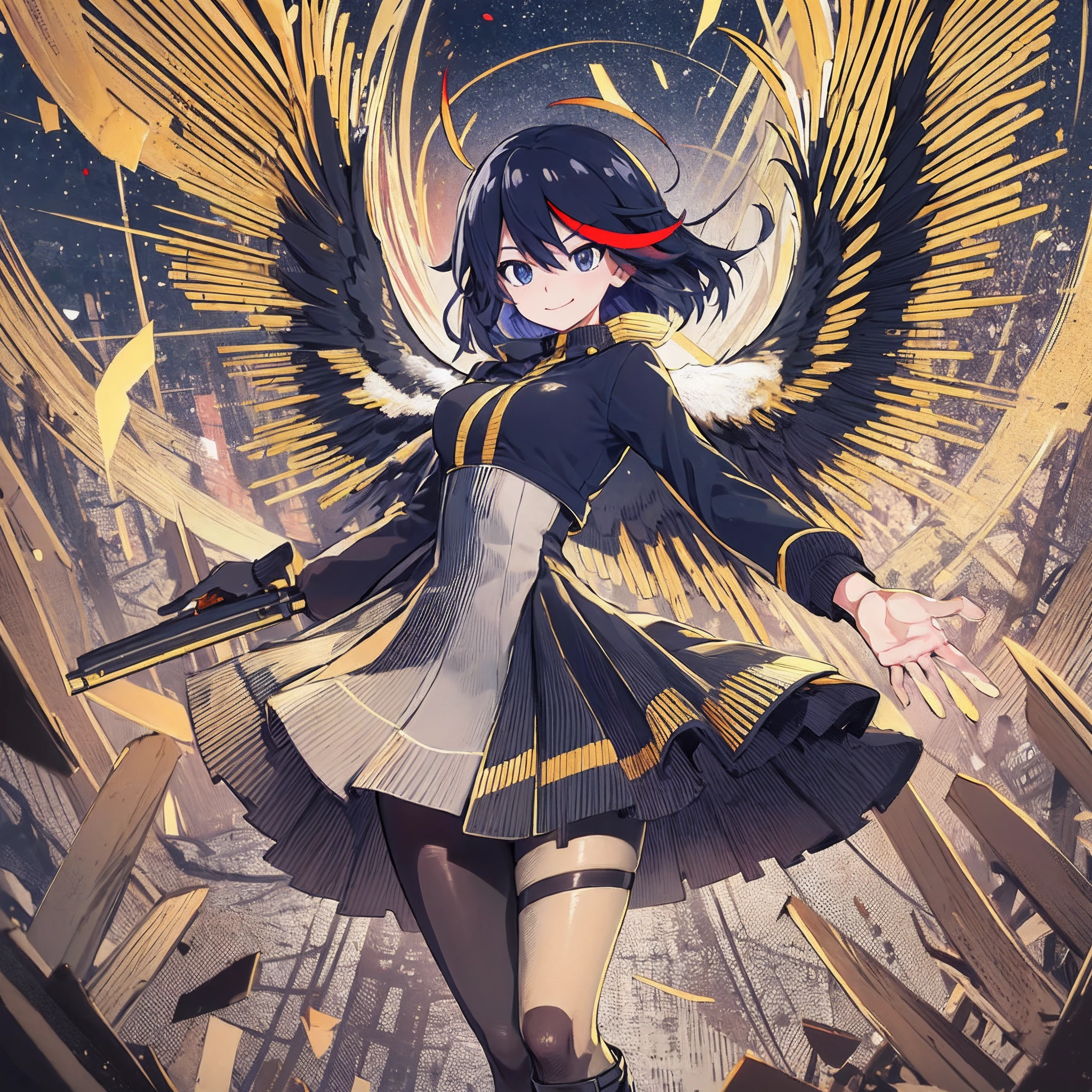 Anime, flying through the sky with black angel wings, golden leotard armor, In Battle, Chaos, shooting laser beams from hands, masterpiece ,pantyhose, boots,magicagirl body suit, large skirt, smile, long skirt,standing,smile forest,matoi ryuuko, pants, vest, pullover, coat, full body