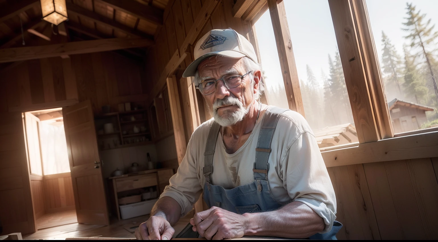 there is an OLD CARPENTER MAN who is BUILDING A WOODEN HOUSE, HDR, ultrarrealista, obra prima, (renderizado, qualidade de obra-prima, melhor qualidade), (obra-prima, foto realista, raw,:1.4), (extremamente complexo:1.2), close-up, cinematiclight, ultra high-resolution