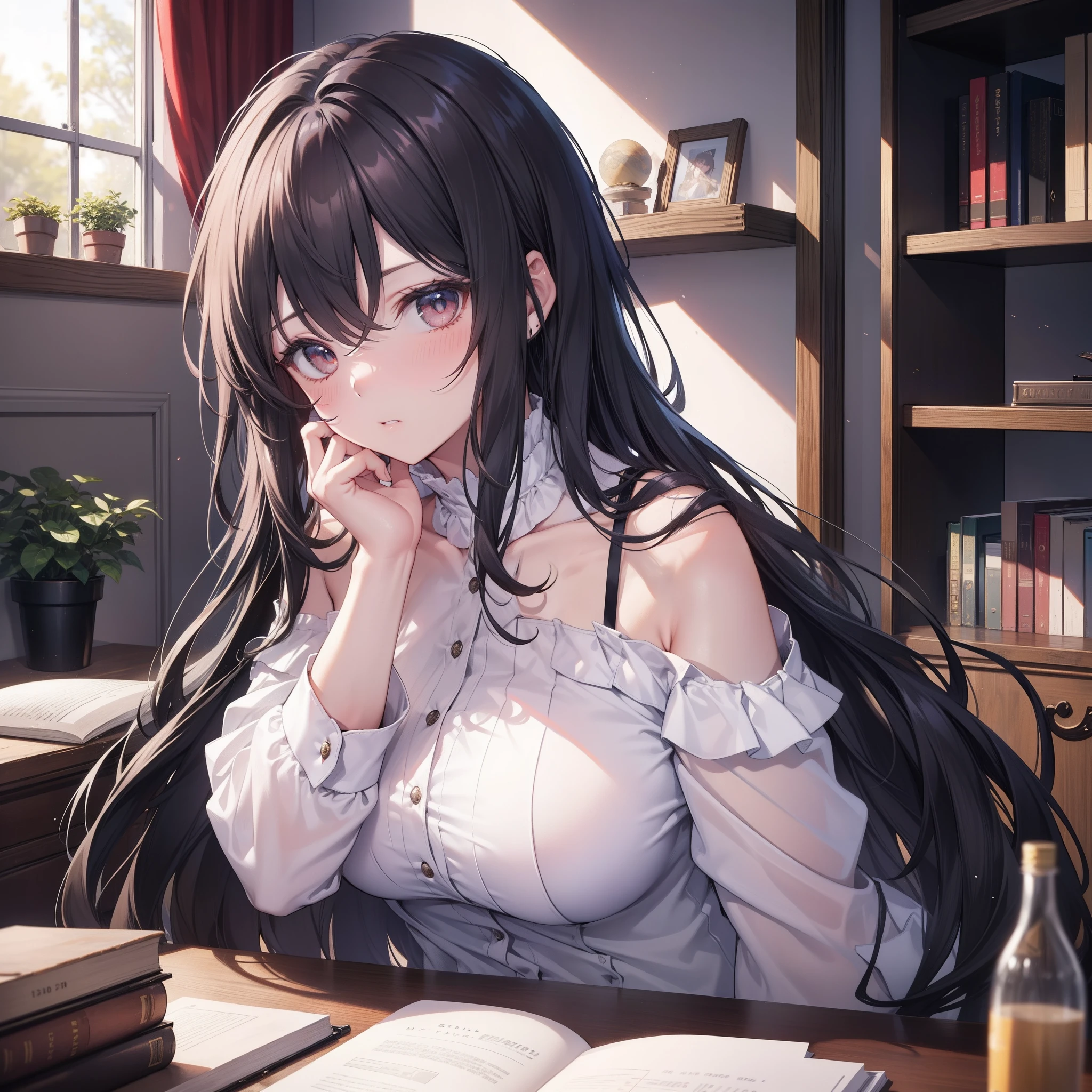 （tmasterpiece），（best quality），（highly detailed），（illustratio），（ultrahigh-resolution）a girl，off-the-shoulder costume，amazement，tutor，black color hair，straight long hair，white shirt，mature woman,   Blushing intensely,   19-year-old woman，Big breasts，pouting ，Top-down view，Close-up photo，Write homework，Indoor in the bedroom，Bookcases，Tables