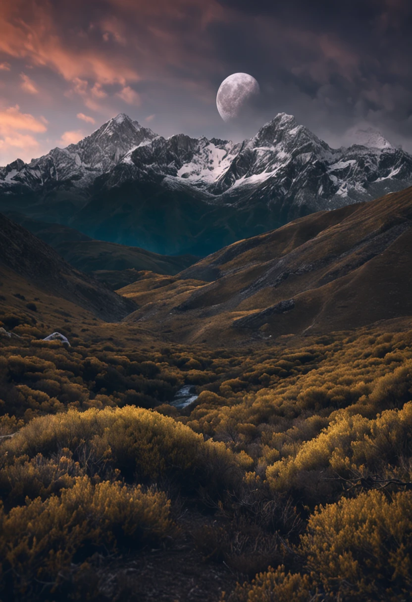 La mejor calidad, paisaje, noche, esrellas, luna, luciernagas, campo verde, oscuridad, bosque en segundo plano, Snow-capped mountains in the foreground, calidad muy alta, muchos detalles, hierba verde oscura, sombras azuladas, luciernagas volando, small moon, noche oscura.
