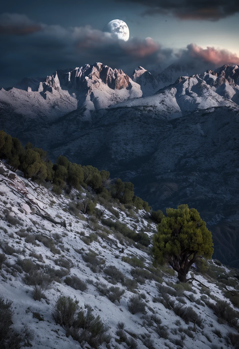 La mejor calidad, paisaje, noche, esrellas, luna, luciernagas, campo verde, oscuridad, bosque en segundo plano, Snow-capped mountains in the foreground, calidad muy alta, muchos detalles, hierba verde oscura, sombras azuladas, luciernagas volando, small moon, noche oscura.