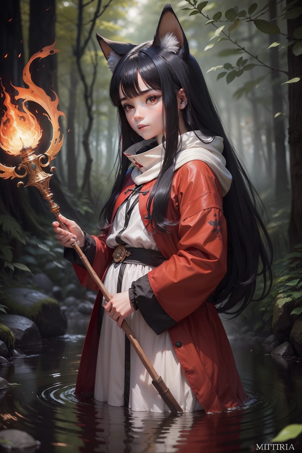 A beautiful Kitsune child with long black hair and red eyes complete in Forest, with red coat and a staff in hand and a red and black mascot fox anime style 32k resolution, melhor qualidade, obra-prima, luz natural, incrivelmente detalhado, 8K分辨率, arte de fantasia, pintura detalhada, hiper-realismo, fotorrealista, carguilar, lindo detalhado intrincado, incrivelmente detalhado, pele natural, smooth perfect impressionist composition, fotografia premiada