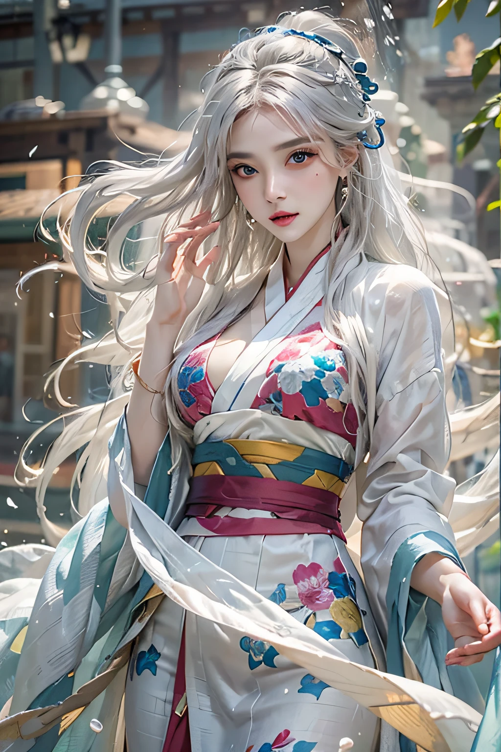 Photorealistic, high resolution, Colorful, colored splashing, Splash, 1 girl, Solo, Hips up, Beautiful eyes, White hair, Medium breast, Intricate damask Hanfu, Gorgeous accessories, Wearing pearl earrings