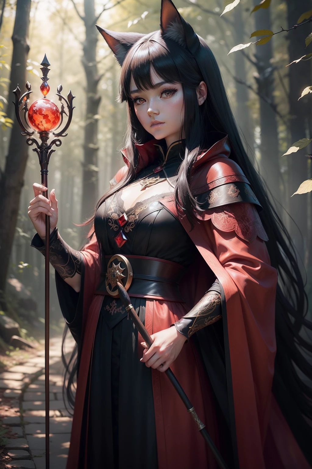 A beautiful  Kitsune sorceress with long black hair and red eyes complete in Forest, with red coat and a staff in hand and a red and black fox anime style mascot 32k resolution, best quality, masterpiece, natural light, amazingly detailed, 8k resolution, fantasy art, detailed painting, hyperrealism, photorealistic, cargilar, beautiful intricately detailed, amazingly detailed, natural skin, smooth perfect impressionistic compositing, award winning photography