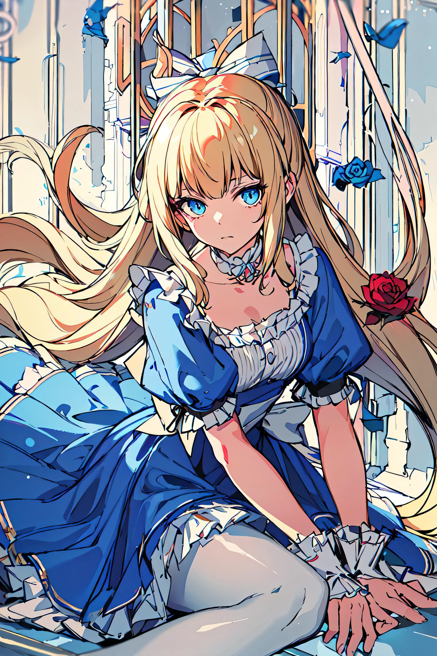 {{masterpiece}},{best quality},{the alice in wonderland},{solo},1girl,{stading},{full body},{{delicate face}},white hair bow,blonde_hair,vely long hair,blunt_bangs,floating hair,{looking_at_viewer},blue eyes,beautiful detailed eyes,{white_frilled_dress},{{white pantyhose}}, puffy sleeves,skirt pleats,blue dress bow,{{rose}},delicate details,