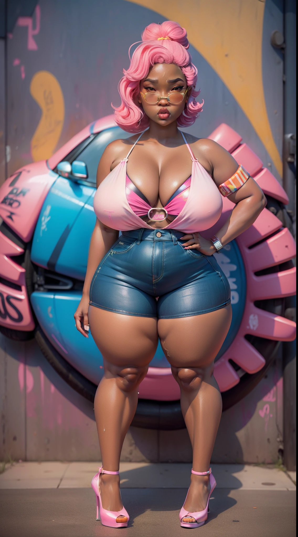 Corbis Gabourey Sidibe as a manga style 3d bikini anime look, very big eyes as a  open outfit and , graffiti background of  neon usa doomed street, stylish pose on road clevage show, Miki Asai Macro milk and raspberry, very big breast, full body view, high quality high heels,background car, bike