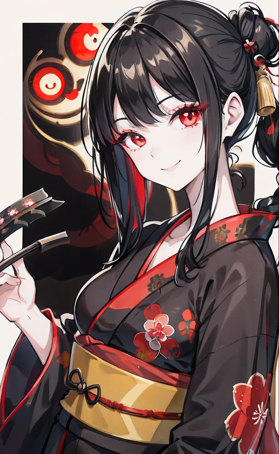 Black hair, red eyes, kizi, female, yukata, smiling