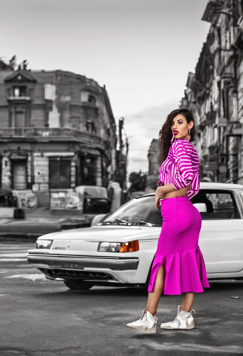 Generate a realistic image of a Latina woman posing from the back, showcasing a unique pose suitable for an album cover by Juan O'Gorman. She should be dressed in an opaque fuchsia-purple mini-skirt made of Tessuto Gabardine Tinta Unita Big Bubble fabric that is fitted on the sides. The fabric is slightly elastic, composed of 40% cotton, 58% polyester, and 2% elastane, with a weight of 287 gr/meter and a height of 145 cm. The skirt also features a cut on the bottom left corner, reminiscent of the 80s style. She should also be wearing a white top and white boots. The lighting should be perfect to highlight the details of her outfit and pose, trending on Pexels, with a renaissance aesthetic. There should be a focus on her pose while also highlighting the unique fuchsia-purple skirt she is wearing. The style of the image should be reminiscent of Y2K fashion and the 80s, embodying a pink vibe and featuring vibrant pink and magenta colors. The woman should be depicted as a full-body cute young lady wearing tight simple clothes.