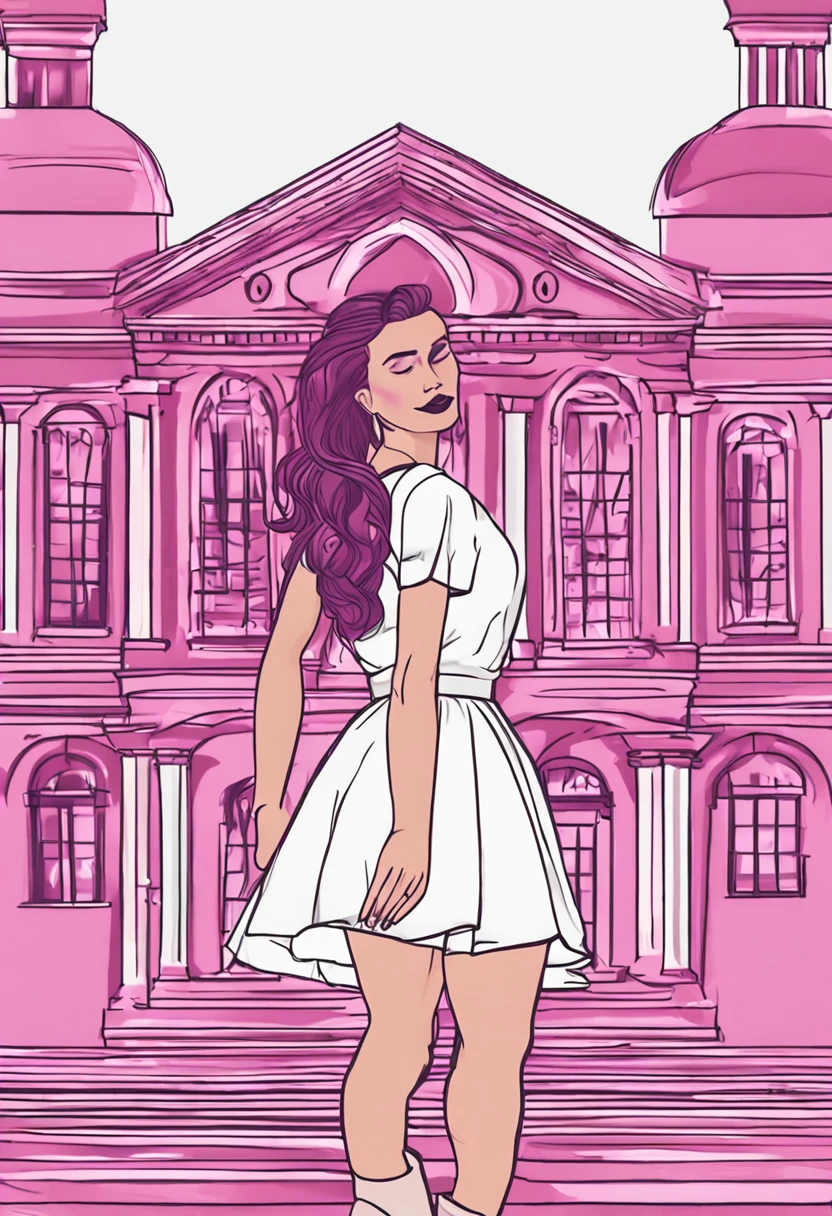 Generate a realistic image of a Latina woman posing from the back, showcasing a unique pose suitable for an album cover by Juan O'Gorman. She should be dressed in an opaque fuchsia-purple mini-skirt made of Tessuto Gabardine Tinta Unita Big Bubble fabric that is fitted on the sides. The fabric is slightly elastic, composed of 40% cotton, 58% polyester, and 2% elastane, with a weight of 287 gr/meter and a height of 145 cm. The skirt also features a cut on the bottom left corner, reminiscent of the 80s style. She should also be wearing a white top and white boots. The lighting should be perfect to highlight the details of her outfit and pose, trending on Pexels, with a renaissance aesthetic. There should be a focus on her pose while also highlighting the unique fuchsia-purple skirt she is wearing. The style of the image should be reminiscent of Y2K fashion and the 80s, embodying a pink vibe and featuring vibrant pink and magenta colors. The woman should be depicted as a full-body cute young lady wearing tight simple clothes.