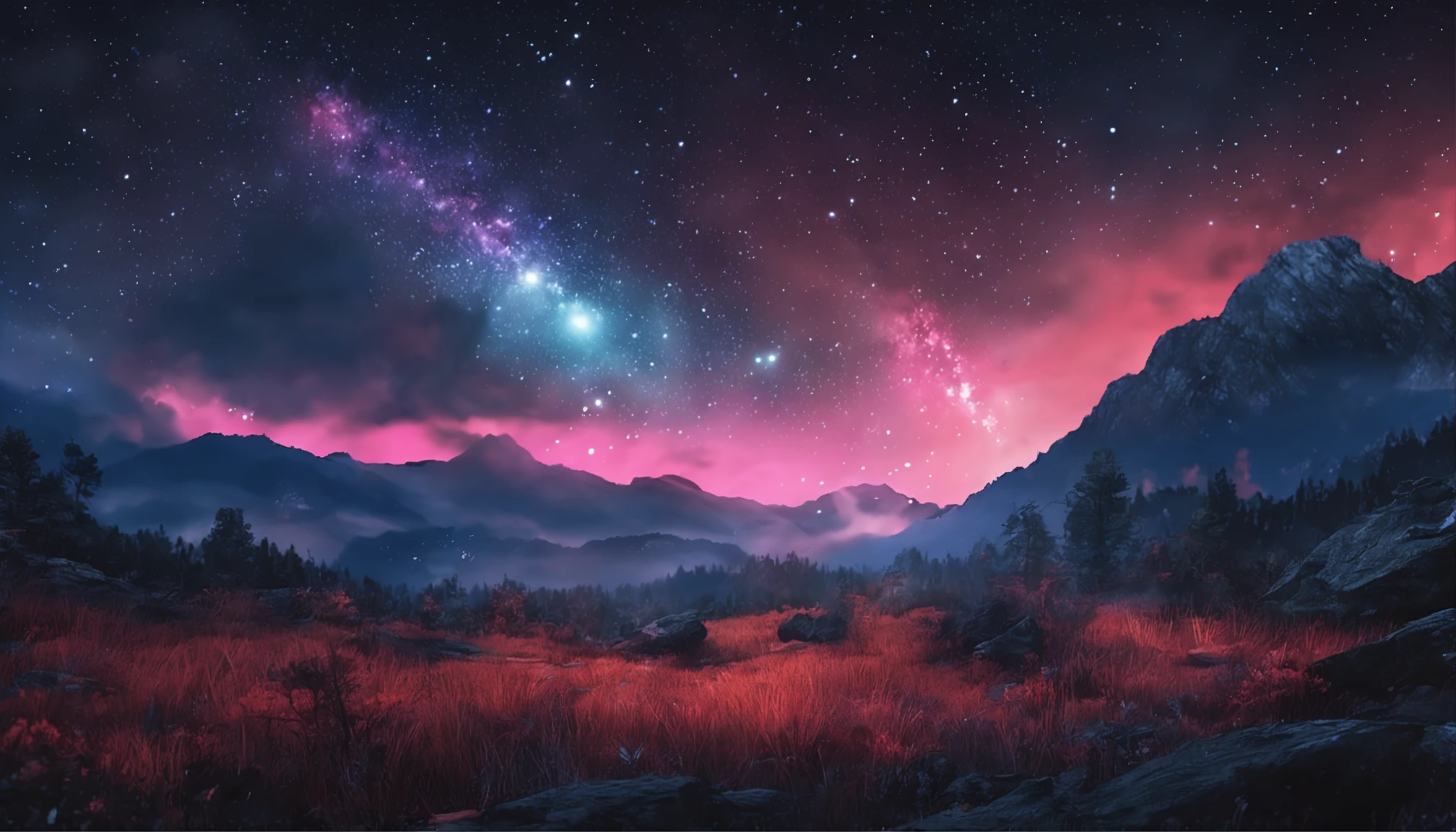 "A night in the forest full of stars, Realistic representation, Wide Sky,