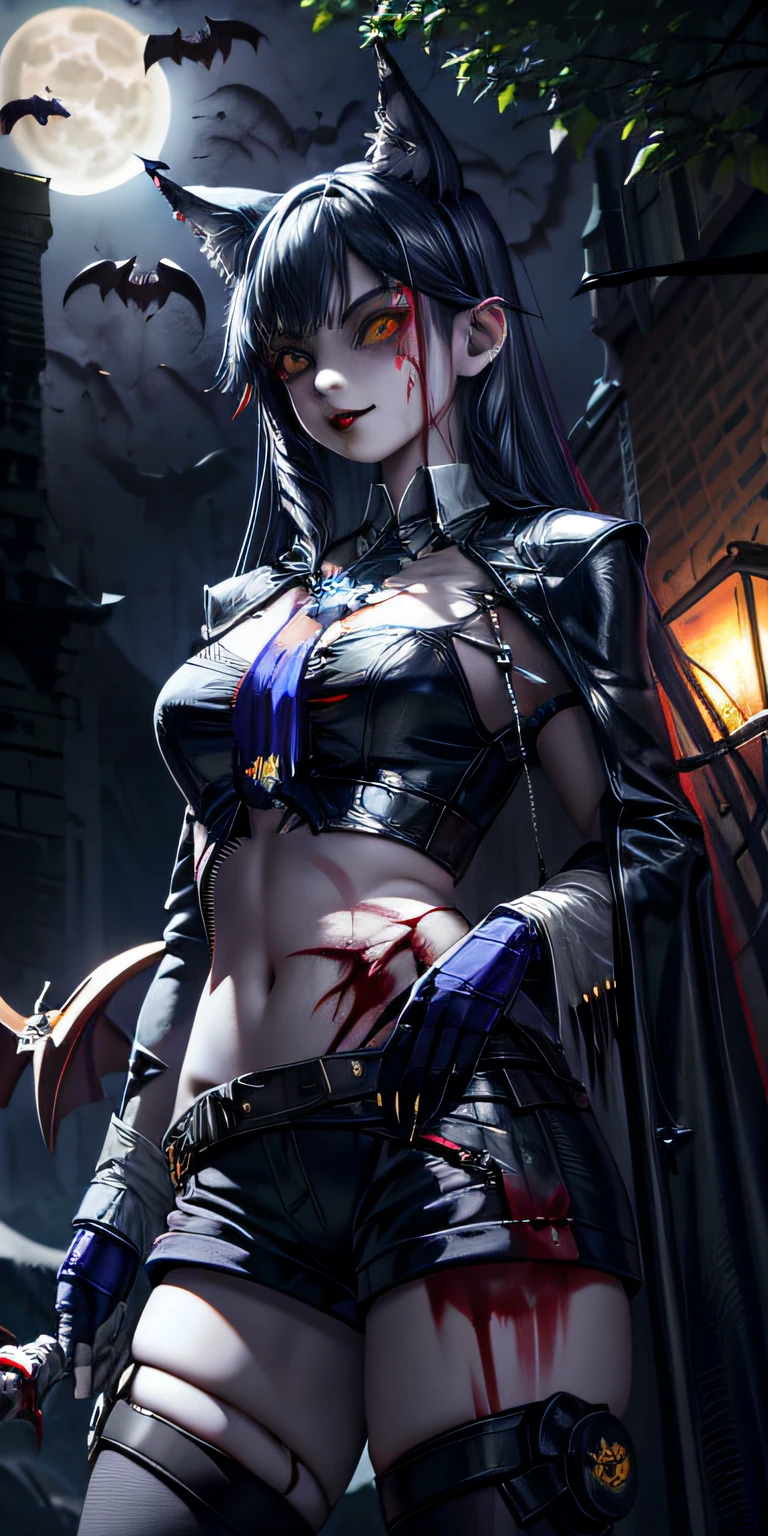 a woman sitting on a ledge in front of a full moon, heavy metal comic cover art, goth girl, sexy :8, attractive character, on amino, bats flying over tombstones, nico robin, horror smile, spike collar, beautiful fantasy painting, cruel korean goth girl, sultry and beckoning, pfp