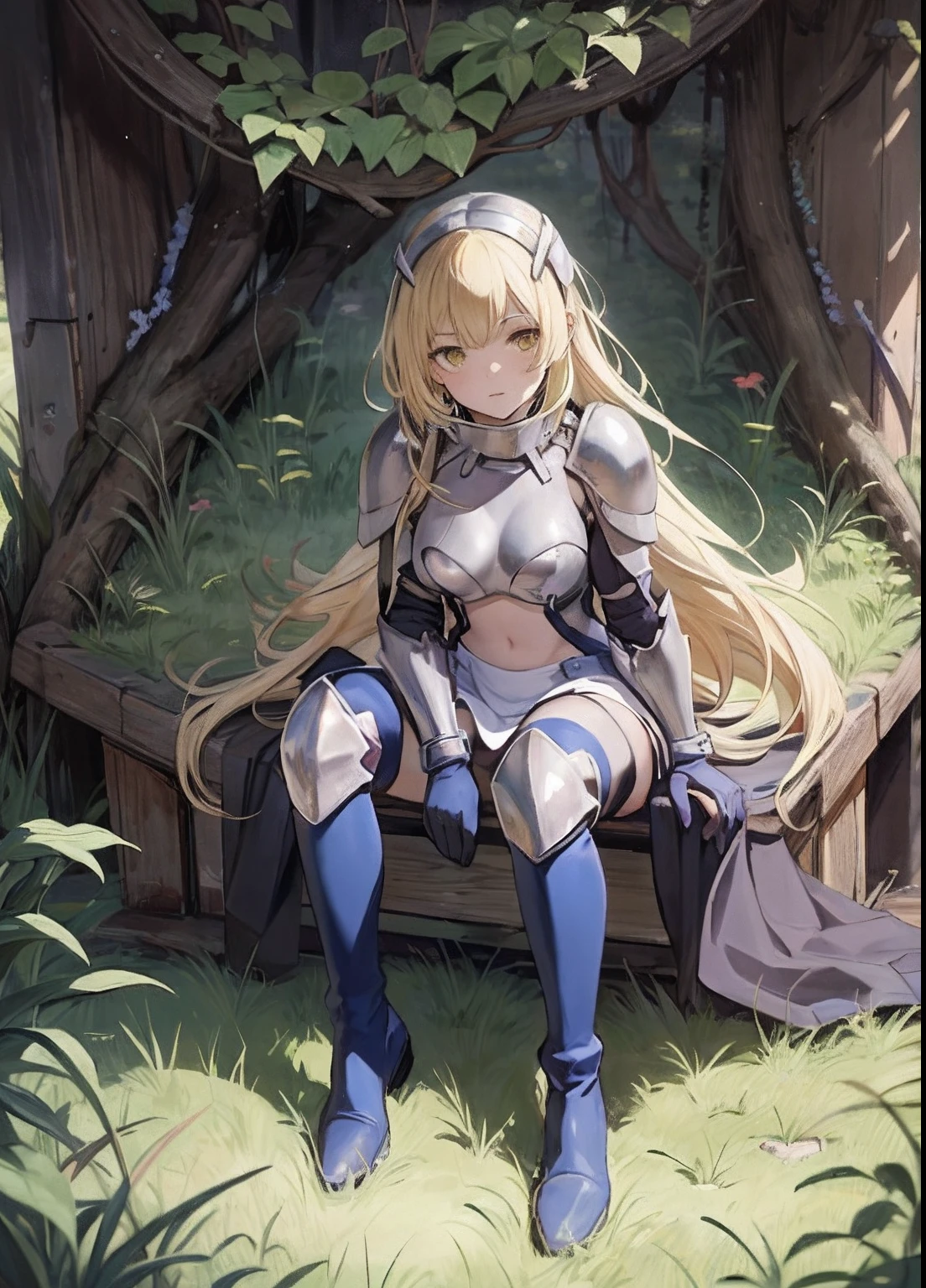 ais, 1girl, solo, blonde hair, armor, long hair, straight hair, thighhighs, boots, dress, yellow eyes, thigh boots, blue long boots, blue footwear, covered navel, breastplate, shoulder armor, gloves, white dress outdoor, sunny, standing, sitting