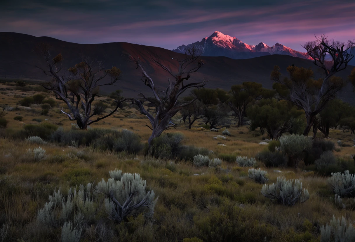 La mejor calidad, paisaje, noche, esrellas, luna, luciernagas, campo verde, oscuridad, bosque en segundo plano, Snow-capped mountains in the foreground, calidad muy alta, muchos detalles, hierba verde oscura, sombras azuladas, luciernagas volando, small moon, noche oscura, sin nieve en primer plano.