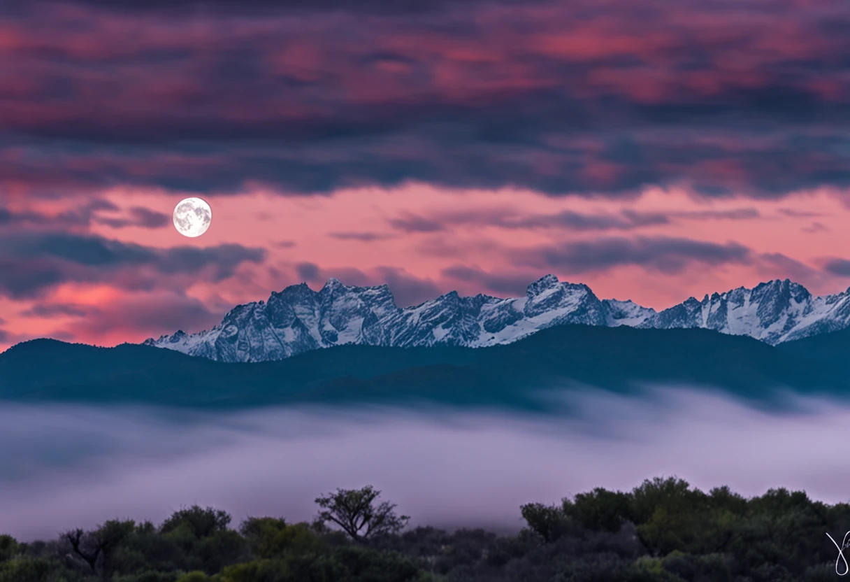 La mejor calidad, paisaje, noche, esrellas, luna, luciernagas, campo verde, oscuridad, bosque en segundo plano, Snow-capped mountains in the foreground, calidad muy alta, muchos detalles, hierba verde oscura, sombras azuladas, luciernagas volando, small moon, noche oscura, sin nieve en primer plano.