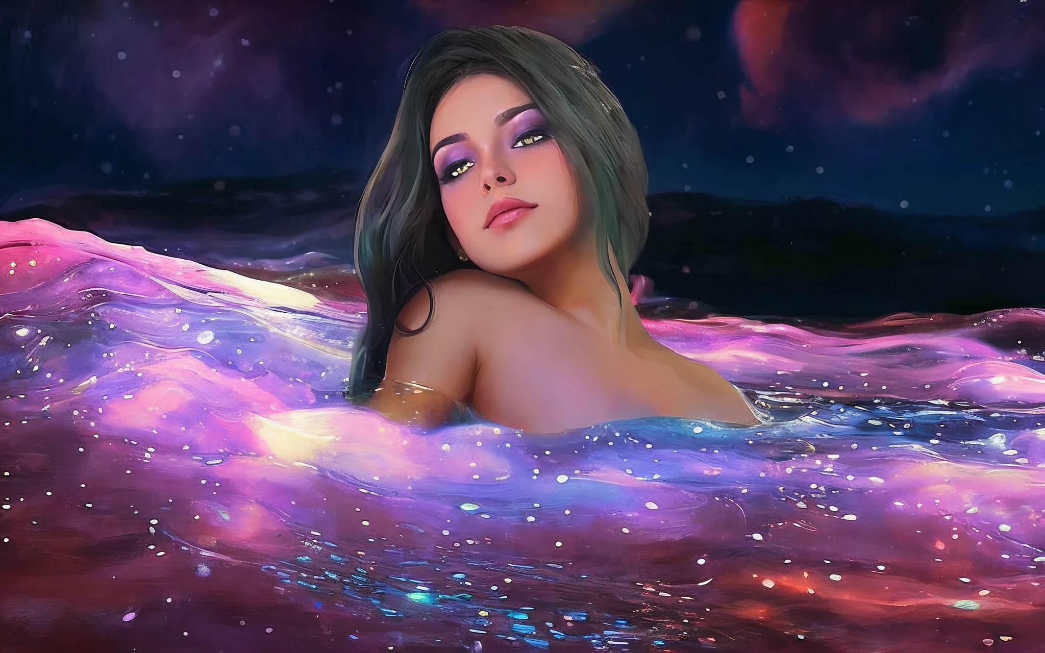 There is a woman who is floating in the water in a purple dress, closeup fantasy with water magic, " Femme on a Galactic Coast, Flutuando na Nebulosa do Cosmos, Deusa ciborgue no cosmos, floating in a cosmic nebula, flutuando em uma nebulosa, arte digital fantasia arte, arte digital fantasia, pintura digital sensual, arte digital de fantasia, pintura digital brilhante