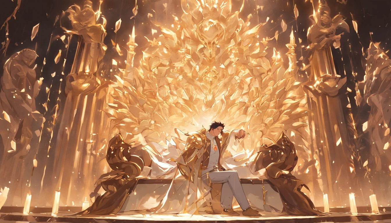 [1] = elvis presley cover gordinho, sitting watching a large heart ornamented with golden rococos, A great luminous heart
[2] = Um homem gordinho vestido como Elvis Presley, with carefully combed hair and iconic sunglasses, is seated on a richly decorated throne. His gaze is mesmerized by the large heart ornamented with golden rococos, que emana uma luz dourada brilhante.
[3] = The setting is an opulent palace of the eighteenth century, with walls covered in gold panels, crystal chandeliers and lush tapestries. The great luminous heart is placed on a marble pedestal, cercado por rosas vermelhas.
[4] = The scene conveys an atmosphere of nostalgia and awe, As if the chubby one was witnessing a divine representation of love. Elvis' music echoes softly in the background, intensifying the sense of enchantment.
[5] = artsy photography
[6] = The image will be captured with a medium format camera, Using a soft focus lens to create an ethereal effect. The lighting will be carefully adjusted to highlight the golden details of the scenery.
[7] = Image must not contain negative elements, como desfoque, poor quality or distortion. It should convey the beauty and reverence of the scene.