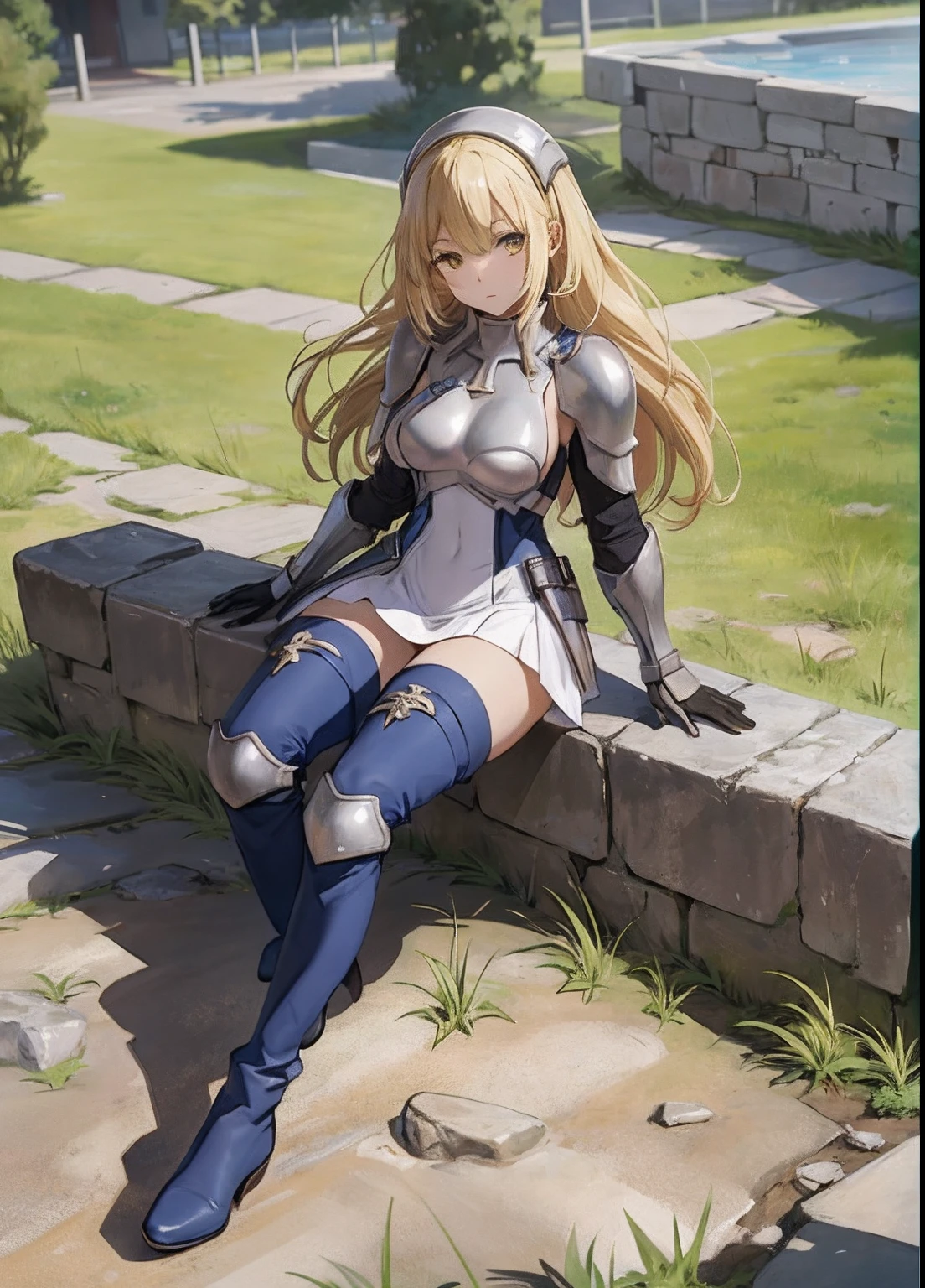 ais, 1girl, solo, blonde hair, armor, long hair, straight hair, thighhighs, boots, dress, yellow eyes, thigh boots, blue long boots, blue footwear, covered navel, breastplate, shoulder armor, gloves, white dress outdoor, sunny, standing, sitting