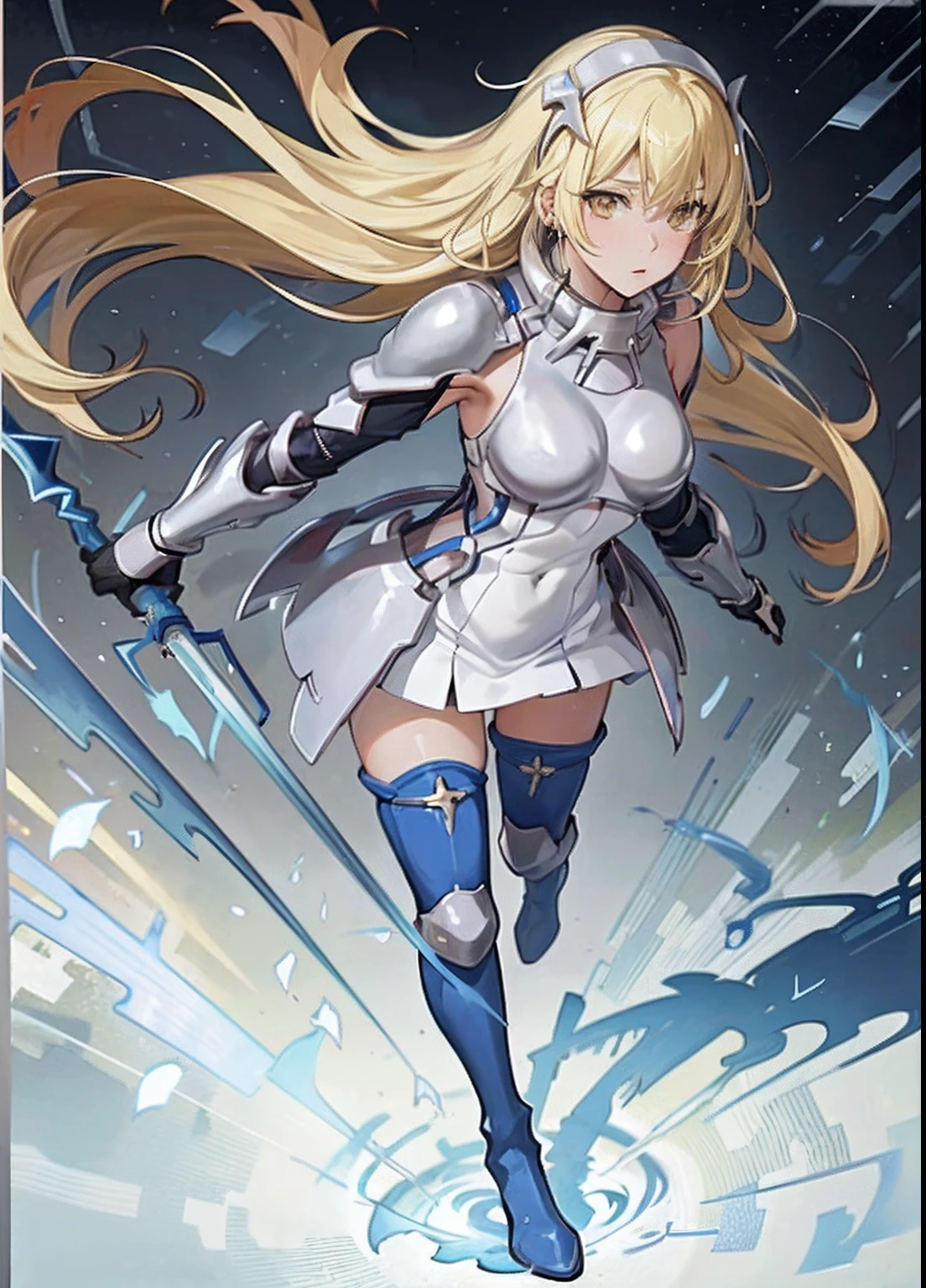 iced, 1girl in, Solo, Blonde hair, armor, Long hair, Straight hair, thighs thighs thighs thighs, long boots, Dress, Yellow eyes, Thigh boots, Blue Long Boots, blue footwear, Covered navel, breastplates, Shoulder Armor, gloves, a smile、lawn、suns、verdant