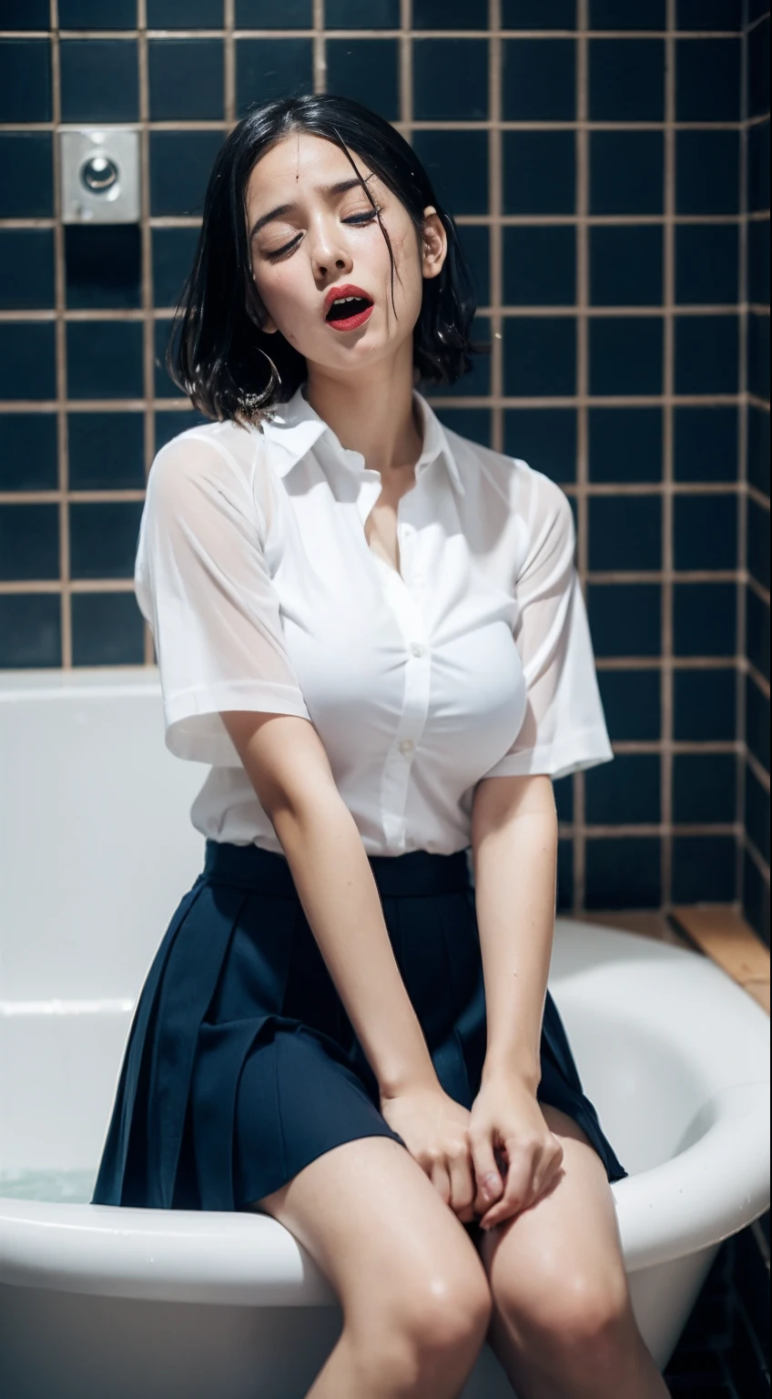 1girls, uniform, kissing, inflating balloons, -yeld gi (too big breasts: 1.5), cleavage, drooping, whiplash, developing, touching breasts, touching crotch, being hit in the shower, closing eyes, yawning, sitting with legs open, being in the bathtub with uniform, wet white blouse, navy blue pleated skirt, 16-year-o giwet aunderwear see-through, ( Too big breasts: 1.9), drooping milk, whiplash, well developed, Japan person, eccentric face, very felt face, wet wet, sweaty, short cut,